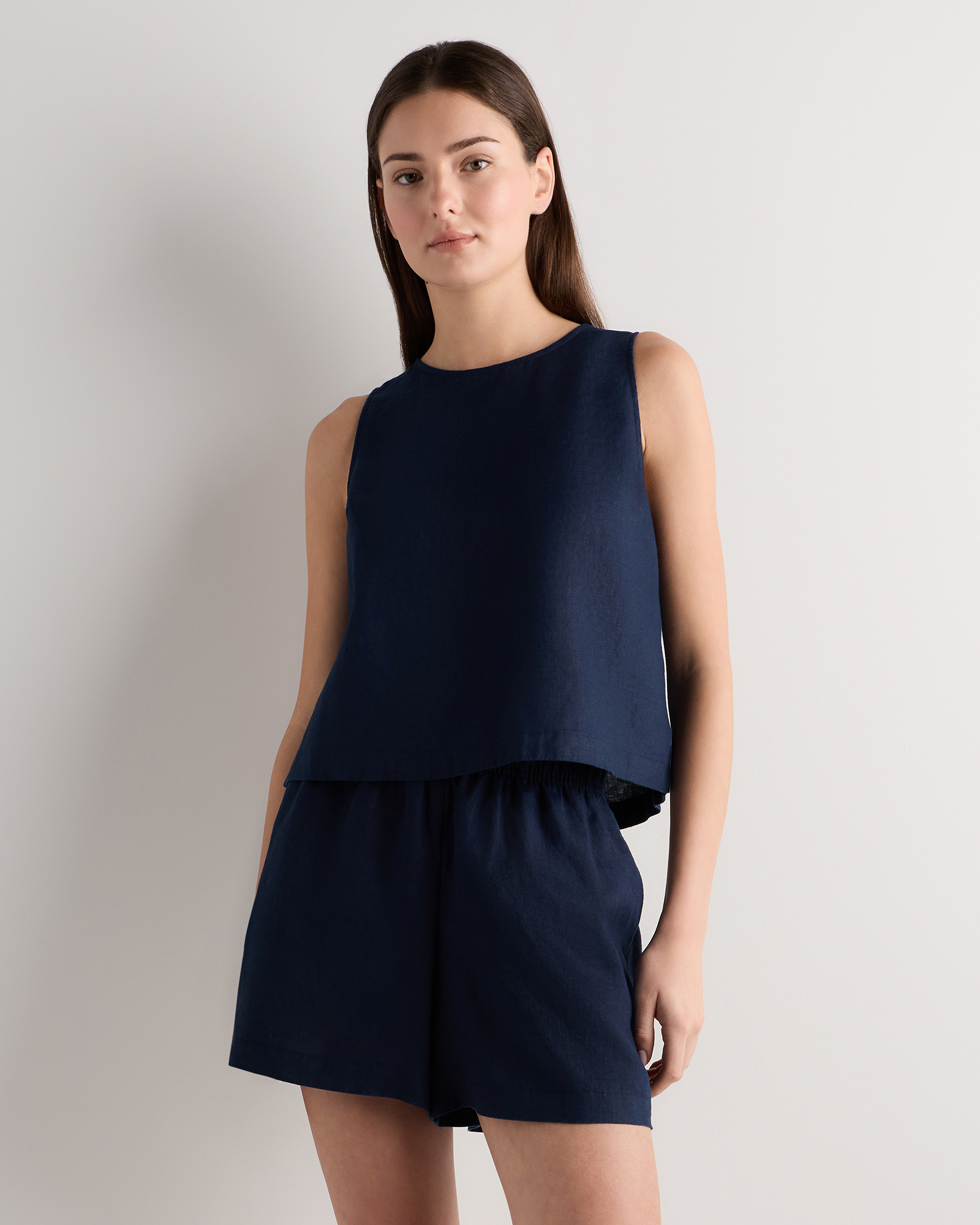Deep Navy 100% European Linen Cropped Tank