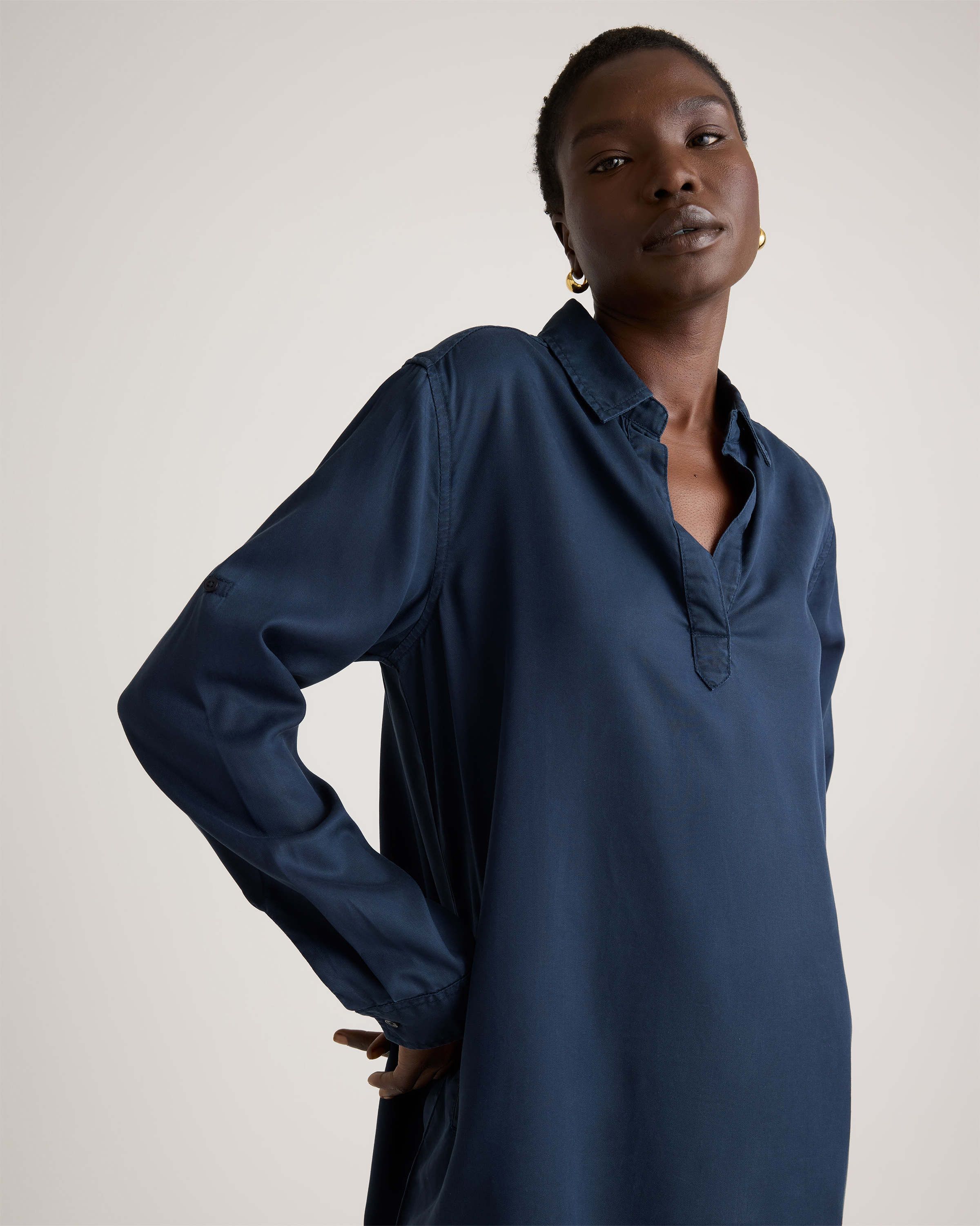 Vintage Wash Tencel Roll Sleeve Tunic Dress