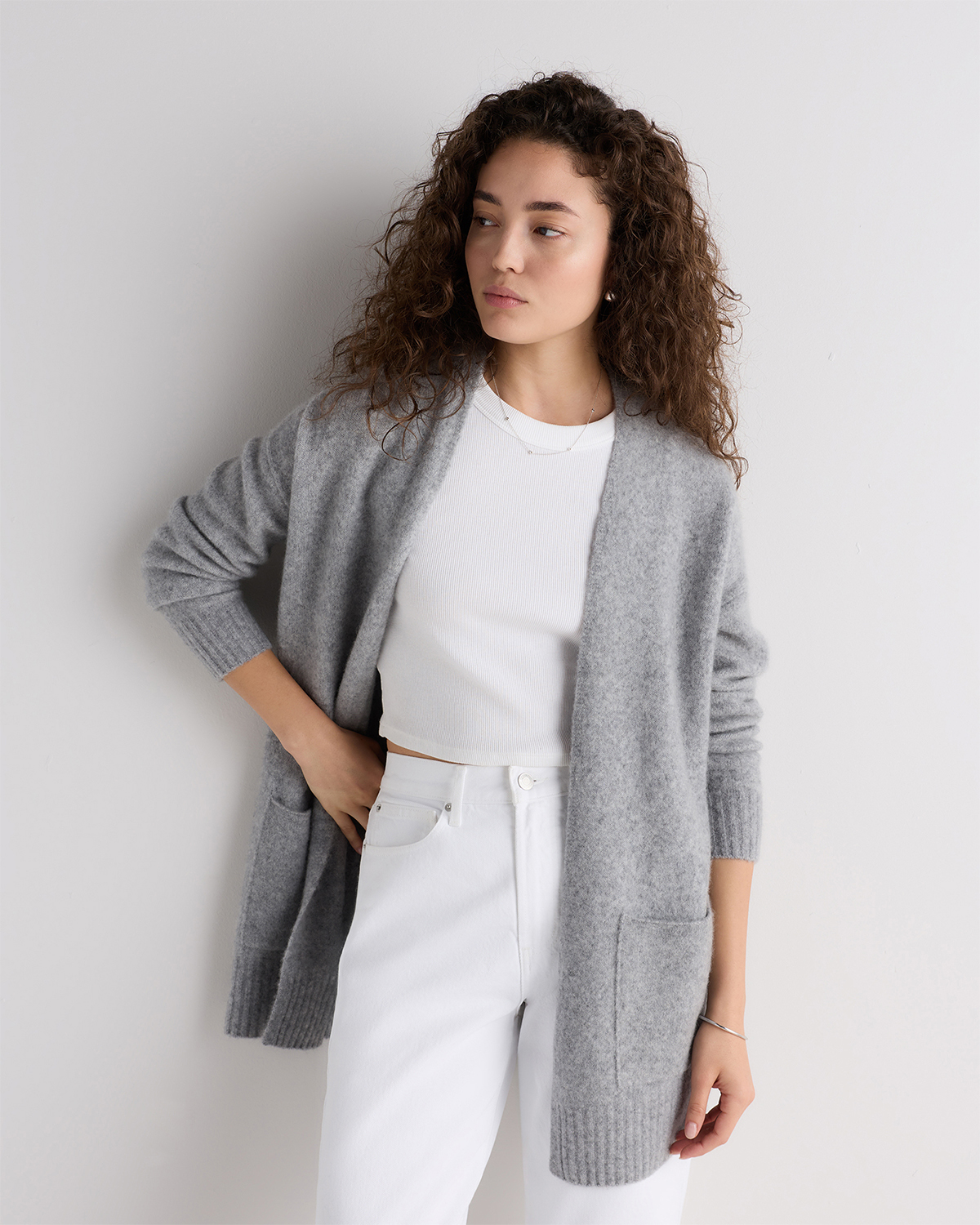 Stone Grey Cashmere Silk Boucle Open Cardigan