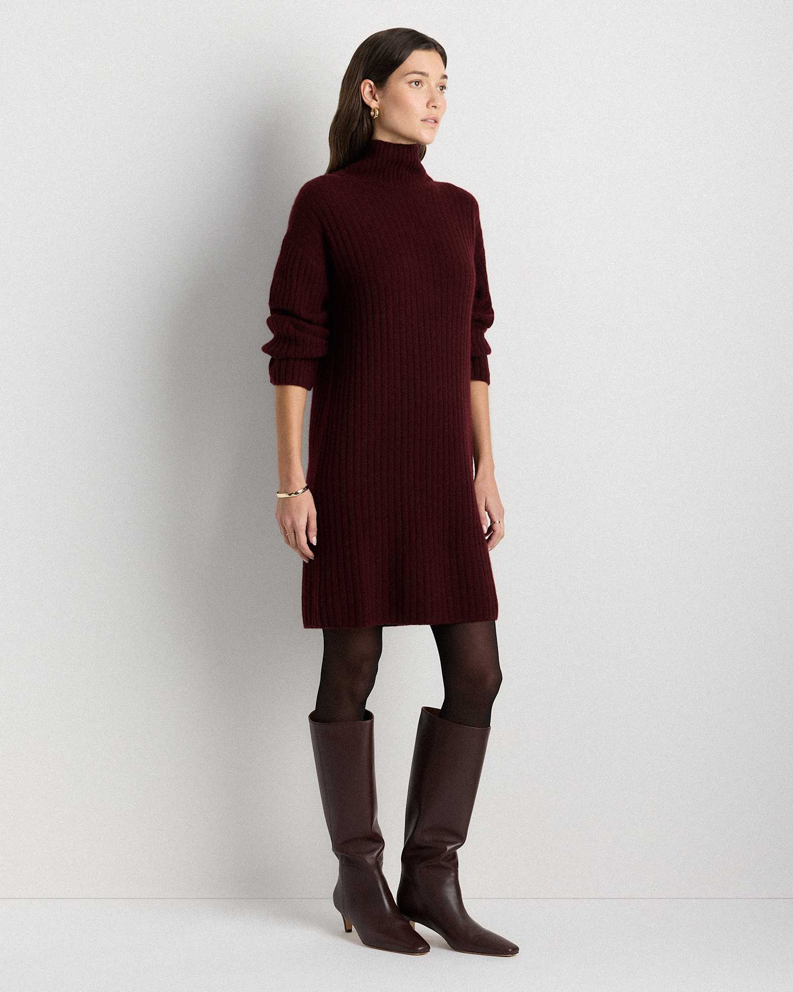 100% Mongolian Cashmere Ribbed Turtleneck Sweater Dress in Rich Burgundy 100% Mongolian Cashmere Ribbed Turtleneck Sweater Dress in Rich Burgundy