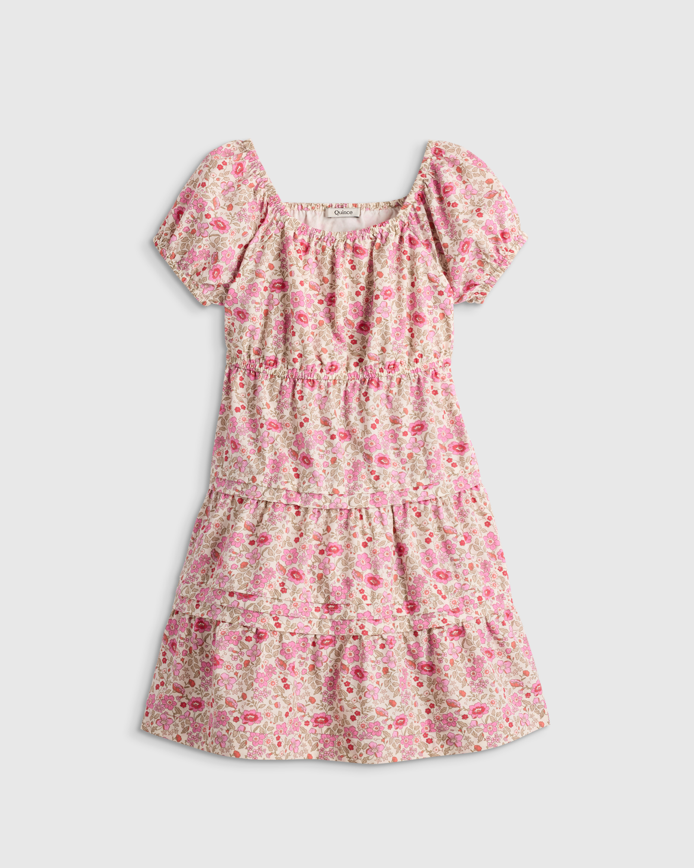 Pink Ditsy Floral 100% Organic Cotton Poplin Tiered Dress