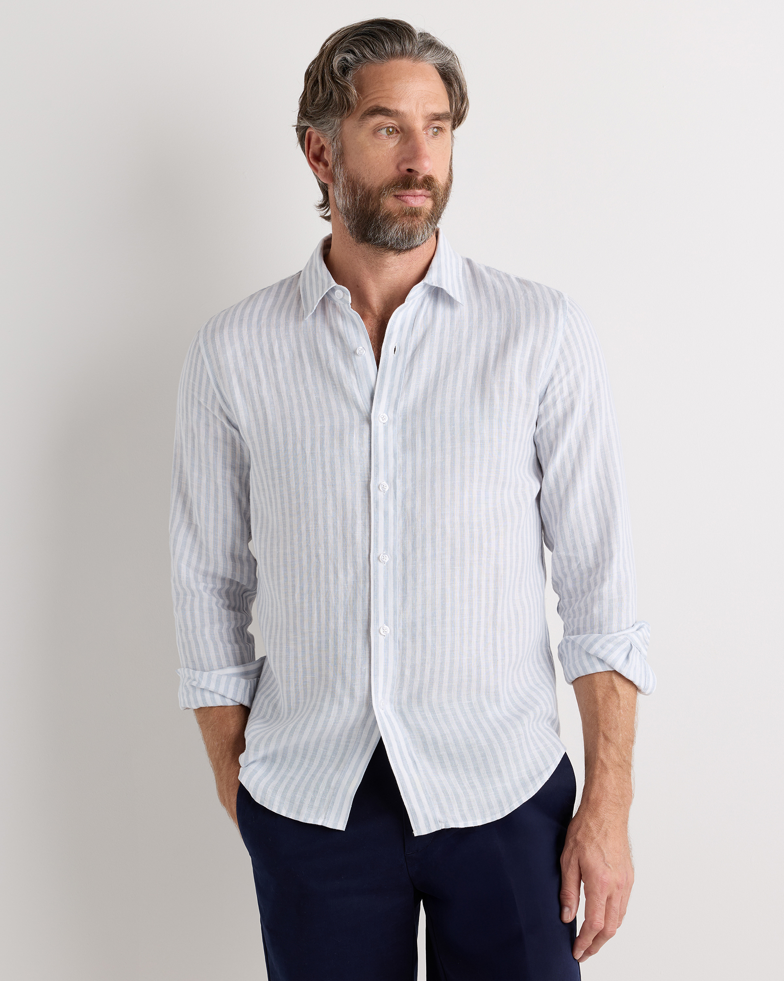 Sky Blue Mariner Stripe 100% European Linen Relaxed Long Sleeve Shirt