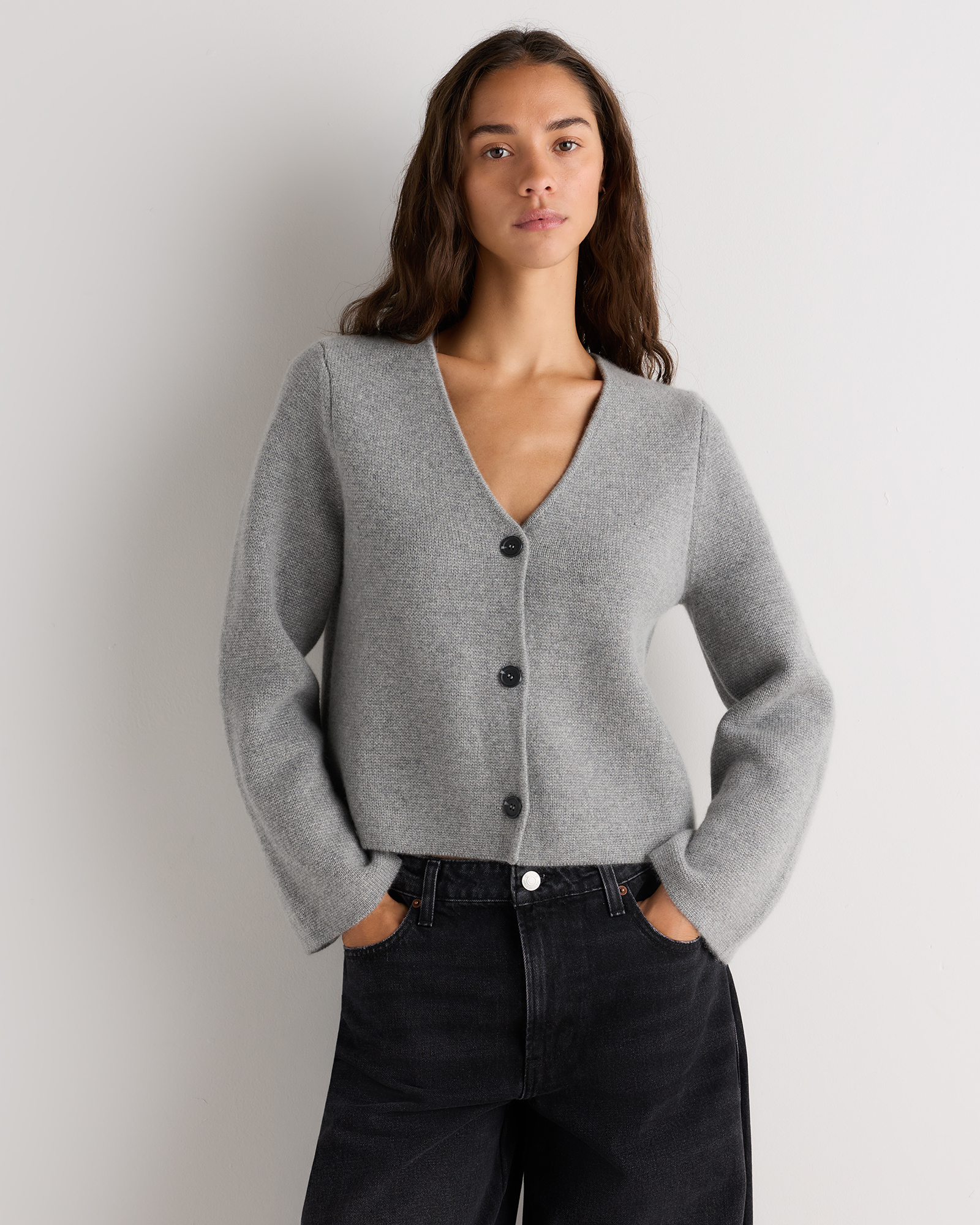 Heather Grey Mongolian Cashmere Structured V-Neck Cardigan