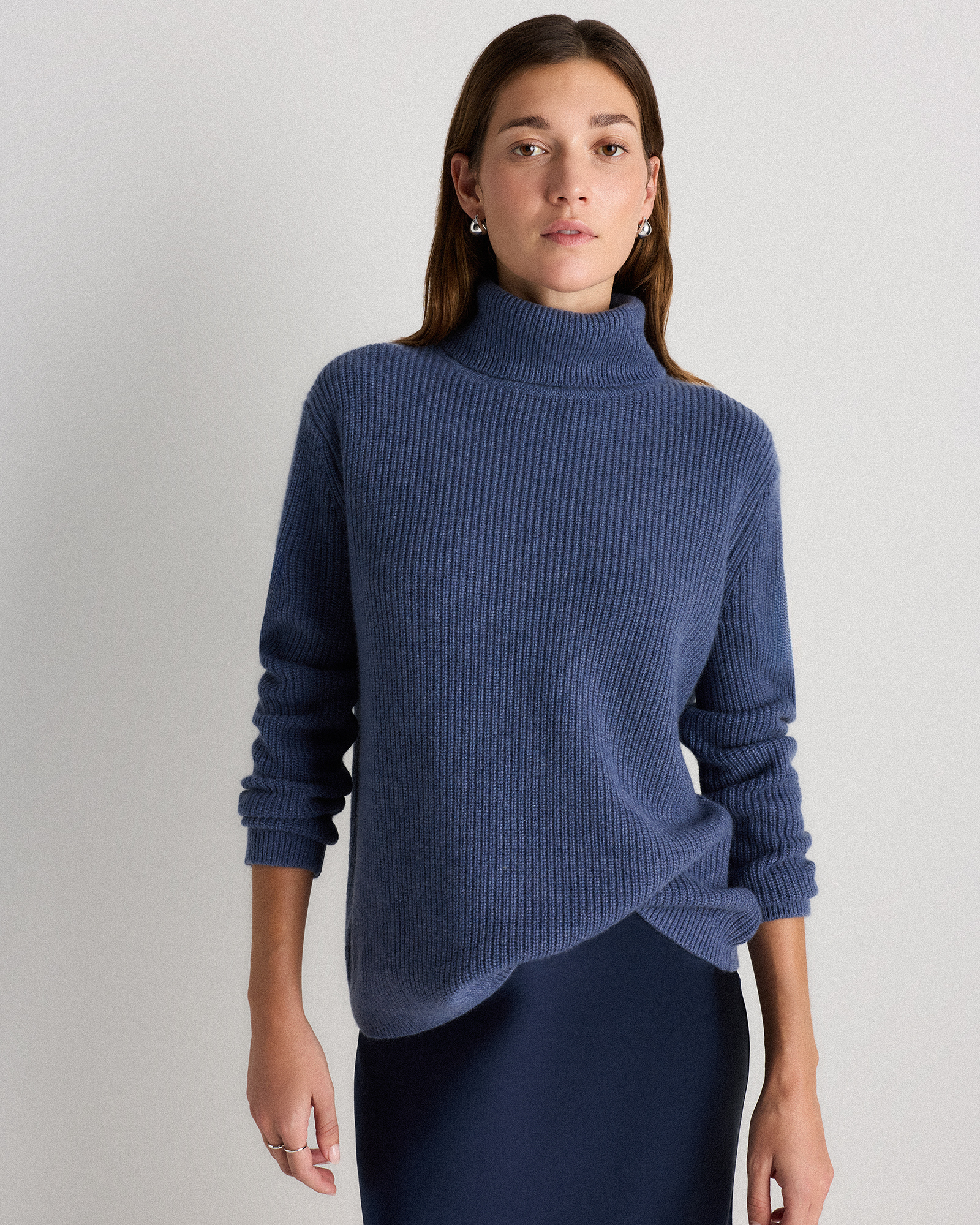 Heather Storm Blue Mongolian Cashmere Fisherman Turtleneck Sweater