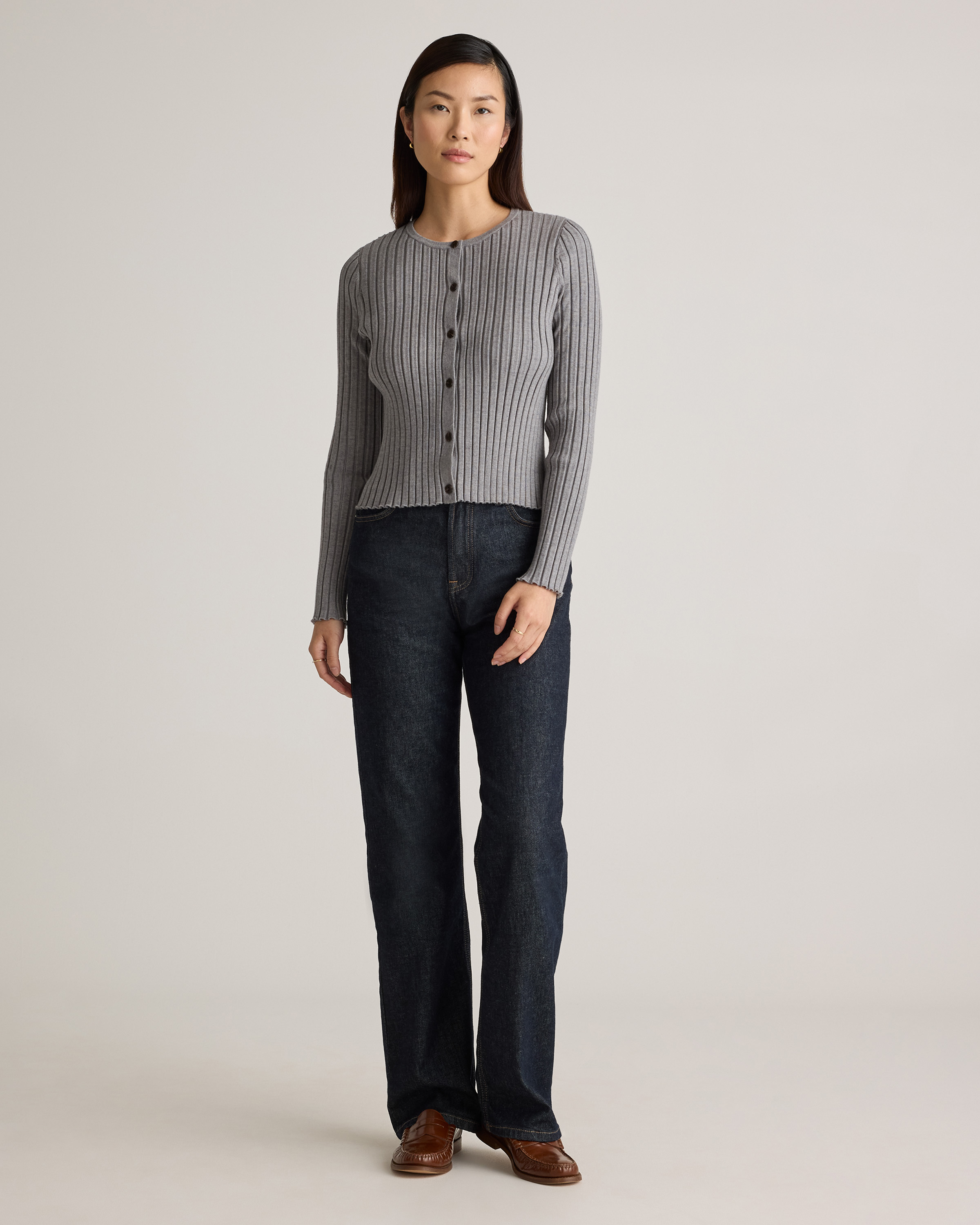 Eco-Knit Cropped Rib Cardigan in Heather Grey