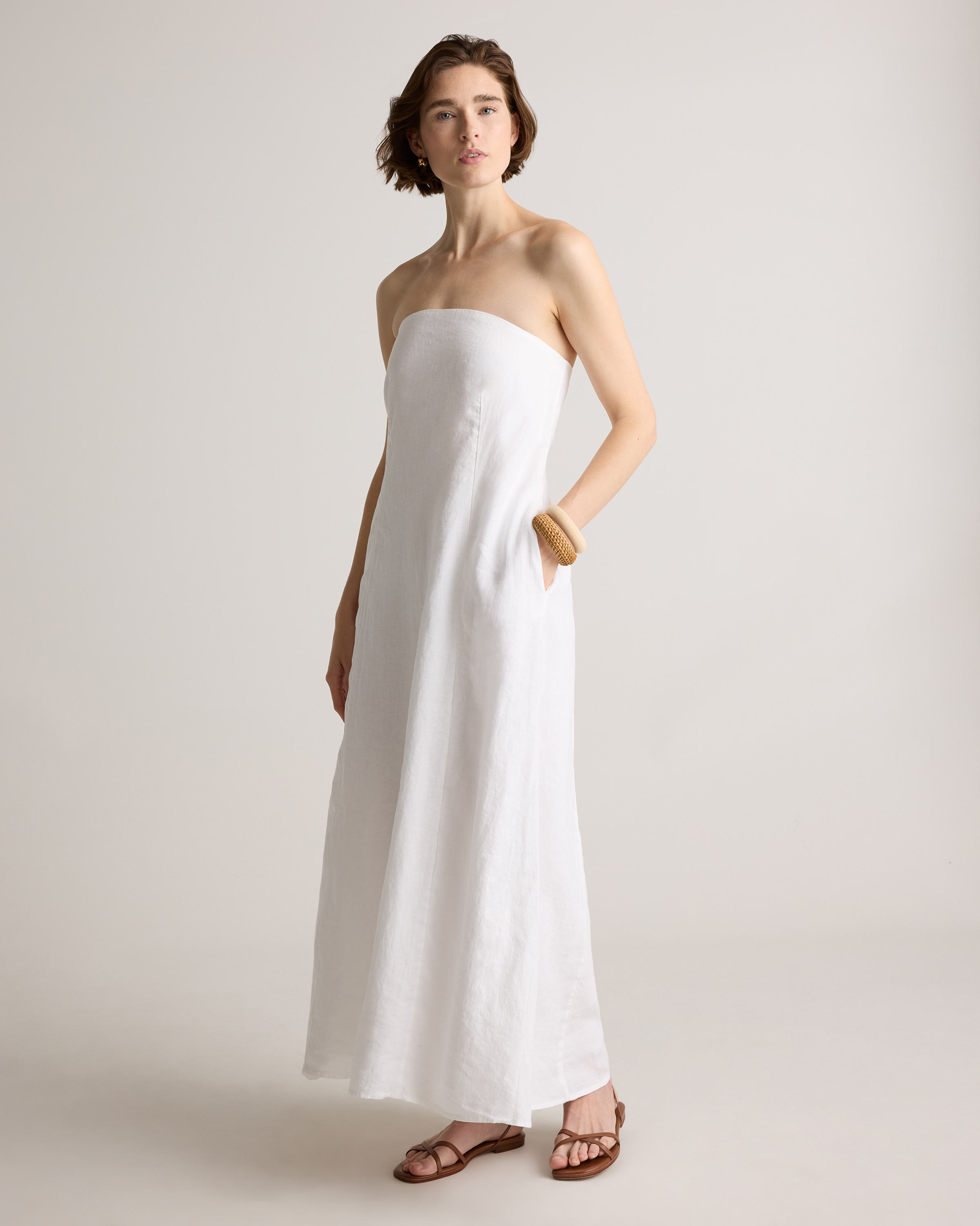 White 100% European Linen Strapless Maxi Dress