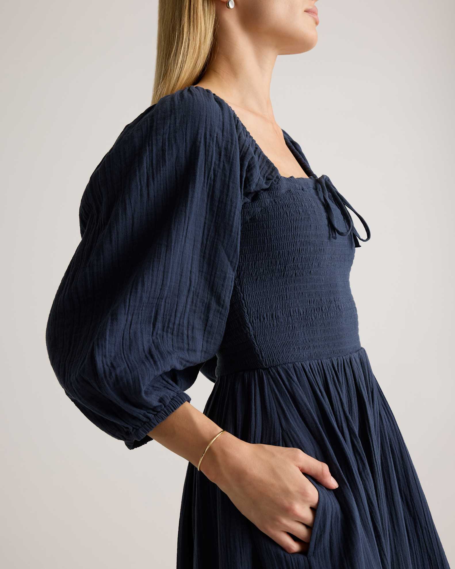 100% Organic Cotton Gauze Smocked Square Neck Midi Dress in Indigo Blue 100% Organic Cotton Gauze Smocked Square Neck Midi Dress in Indigo Blue