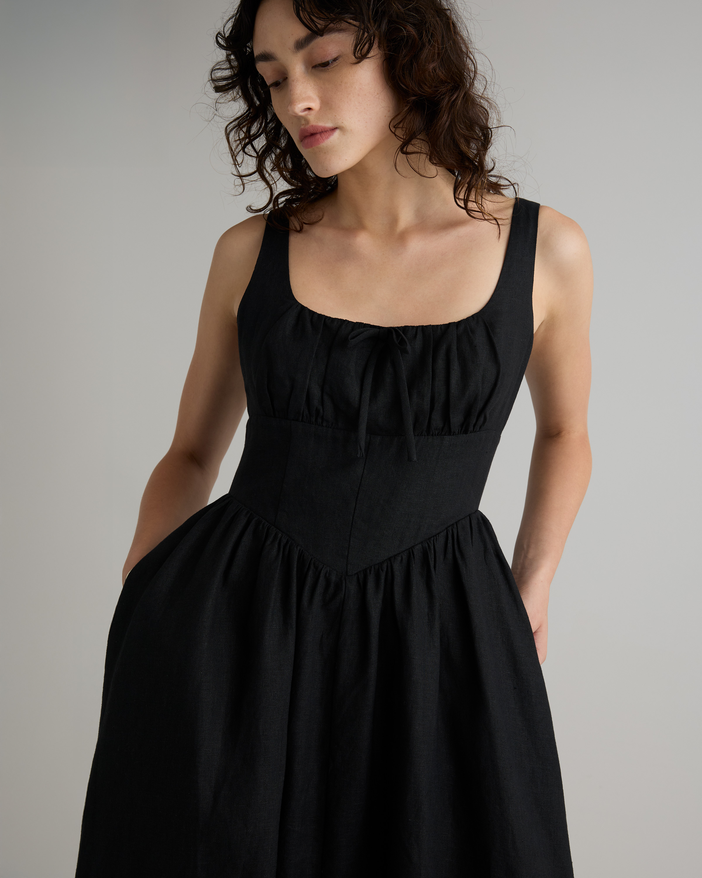 100% European Linen Corset Midi Dress in Black