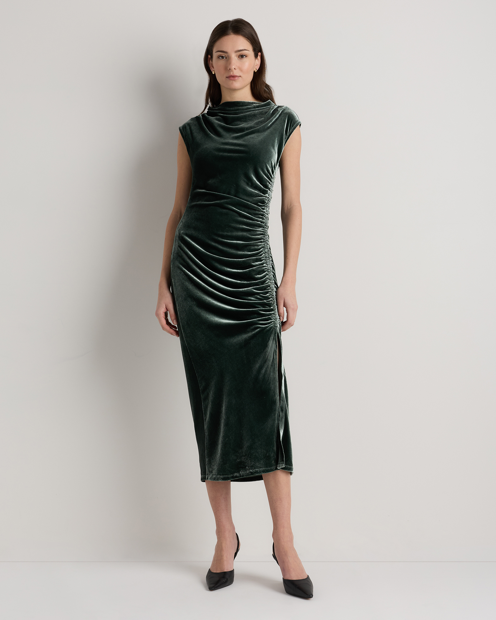 Forest Green Stretch Silk Velvet Ruched Midi Dress