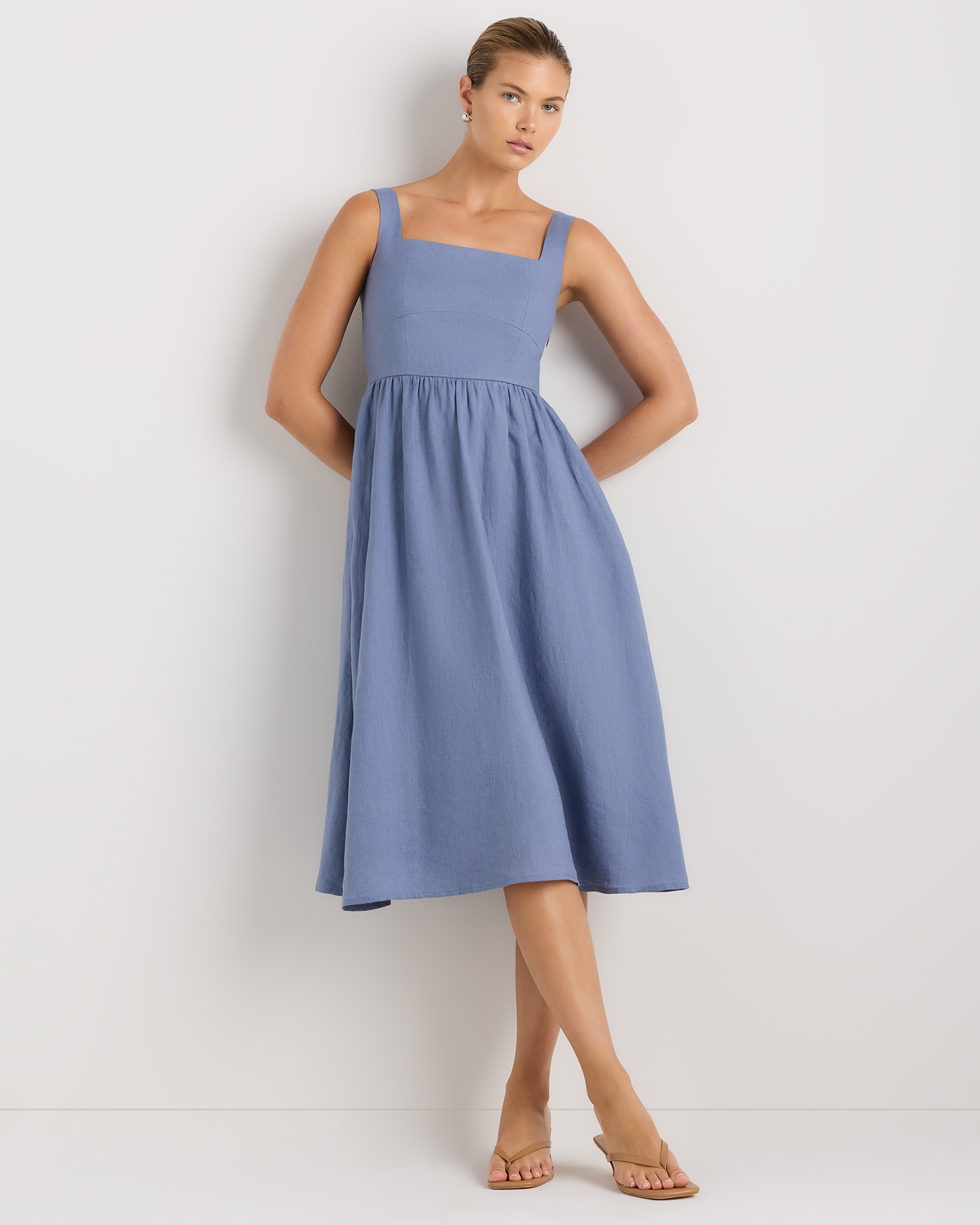 Moonstone Blue 100% European Linen Fit & Flare Midi Dress