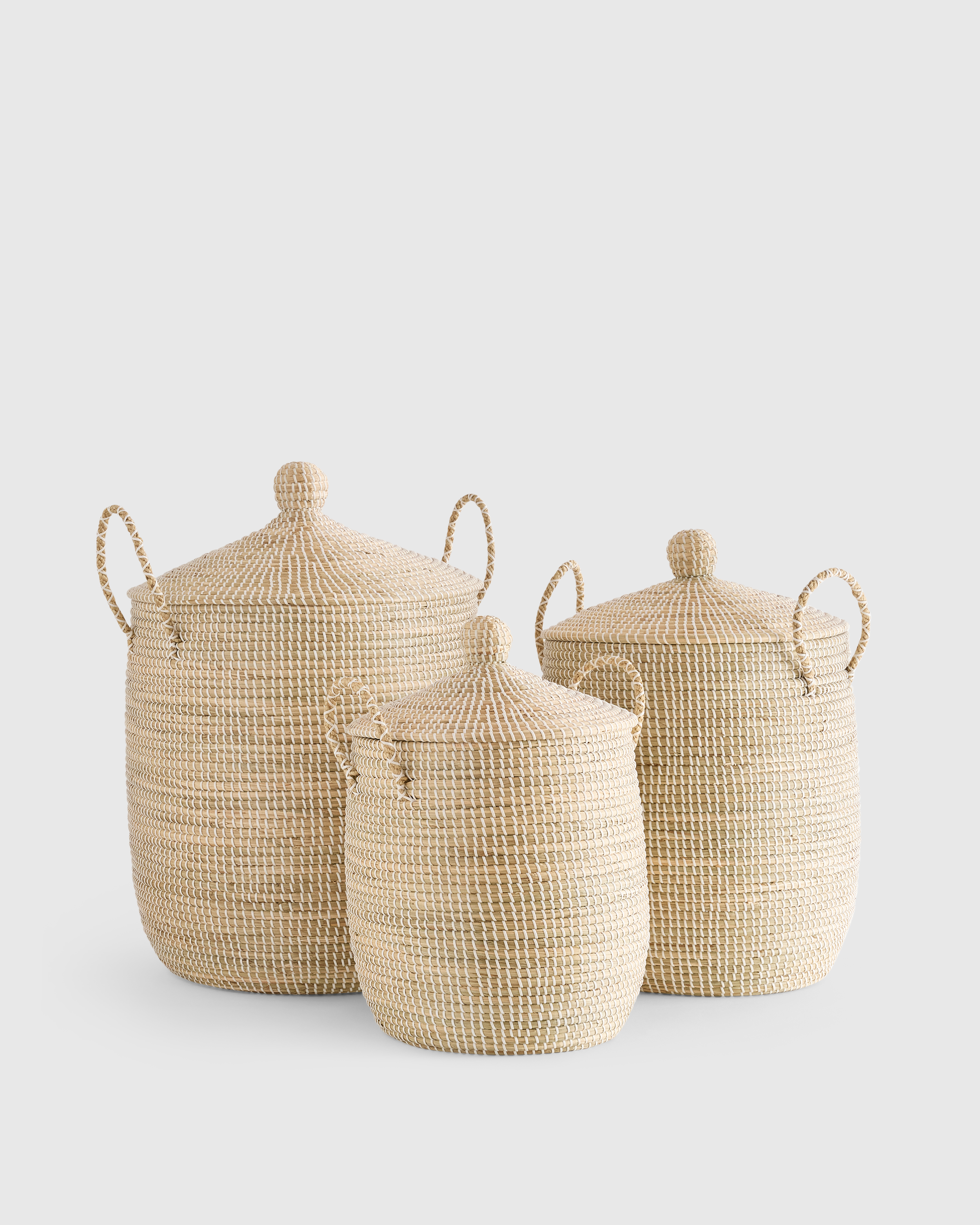 White Wash Handwoven Seagrass Lidded Storage Baskets (Set of 3)