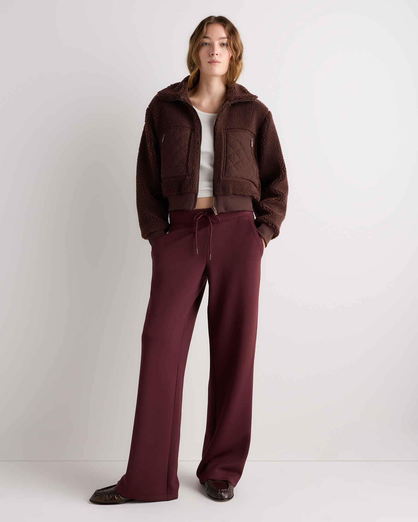 Sherpa Cropped Bomber Jacket in Hickory Brown