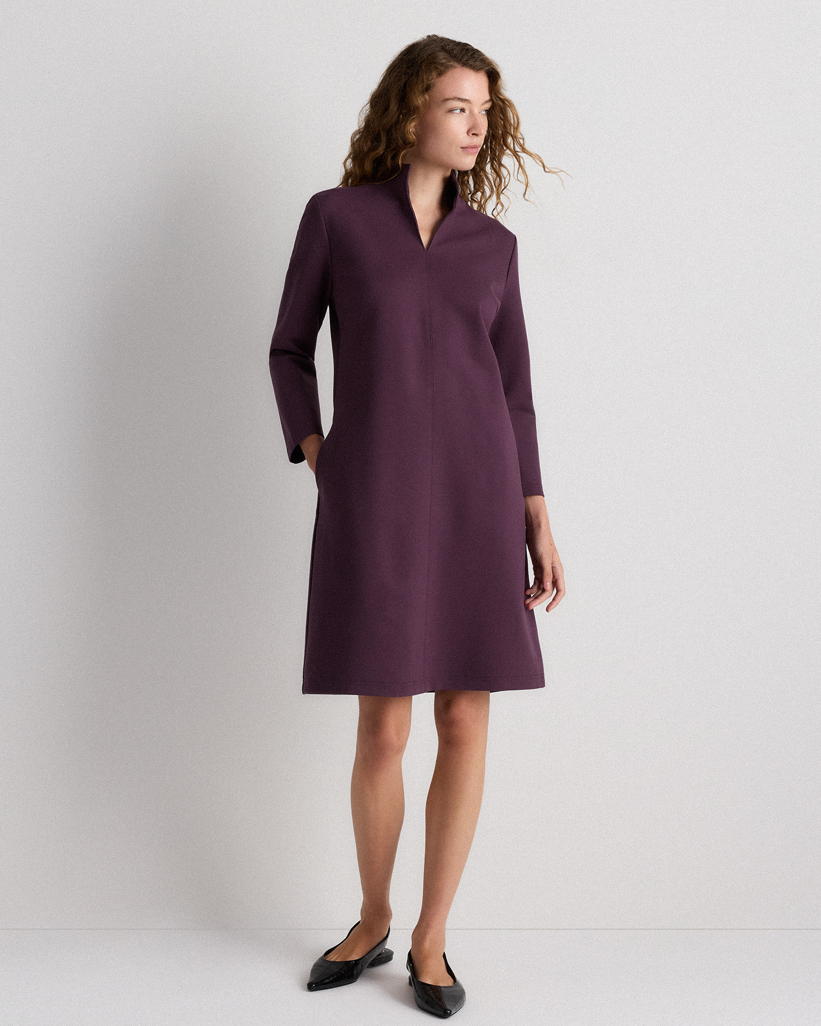 Dark Orchid Purple Ultra-Stretch Ponte Split Neck Mini Dress