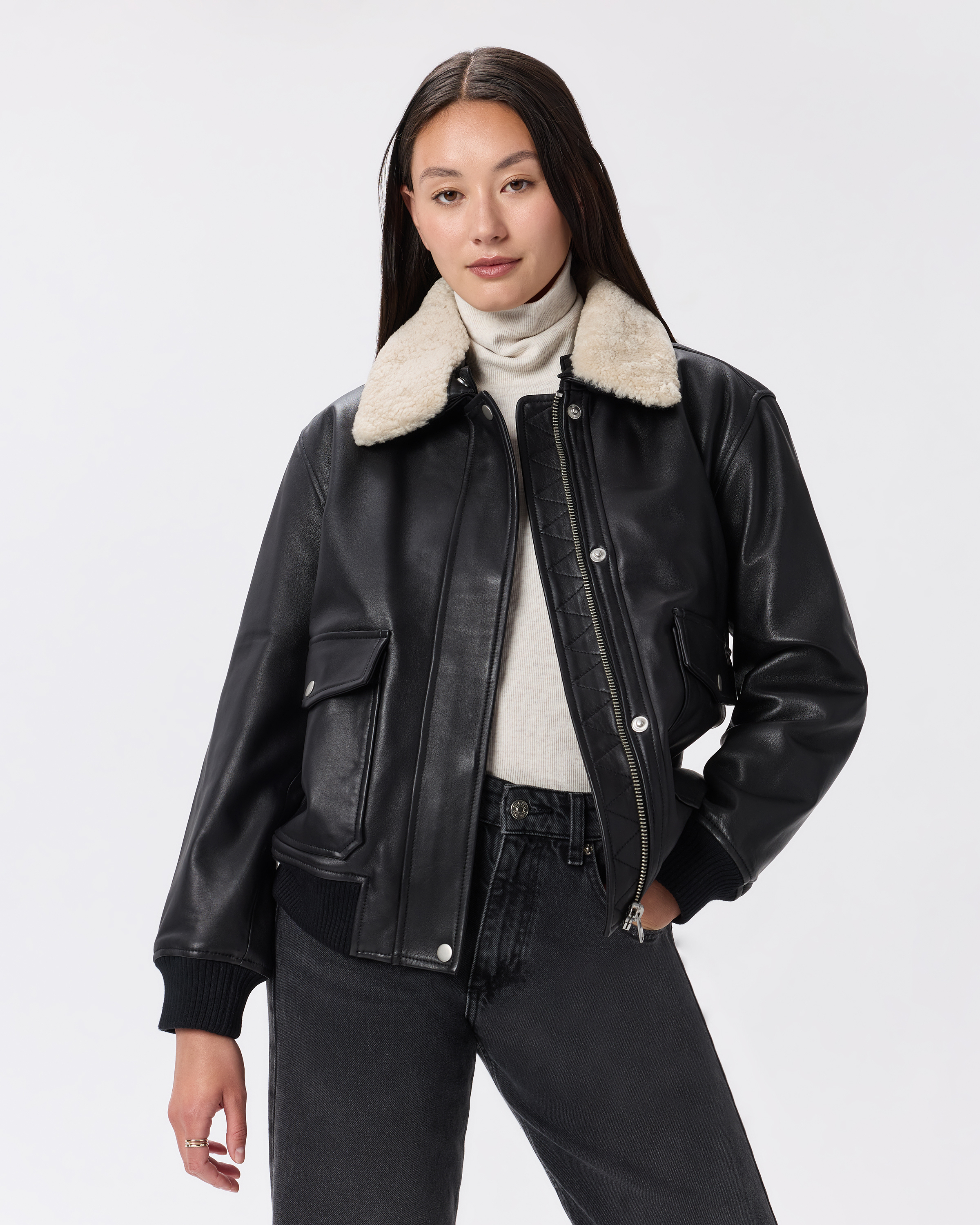 Black 100% Leather Shearling Trim Aviator Jacket 