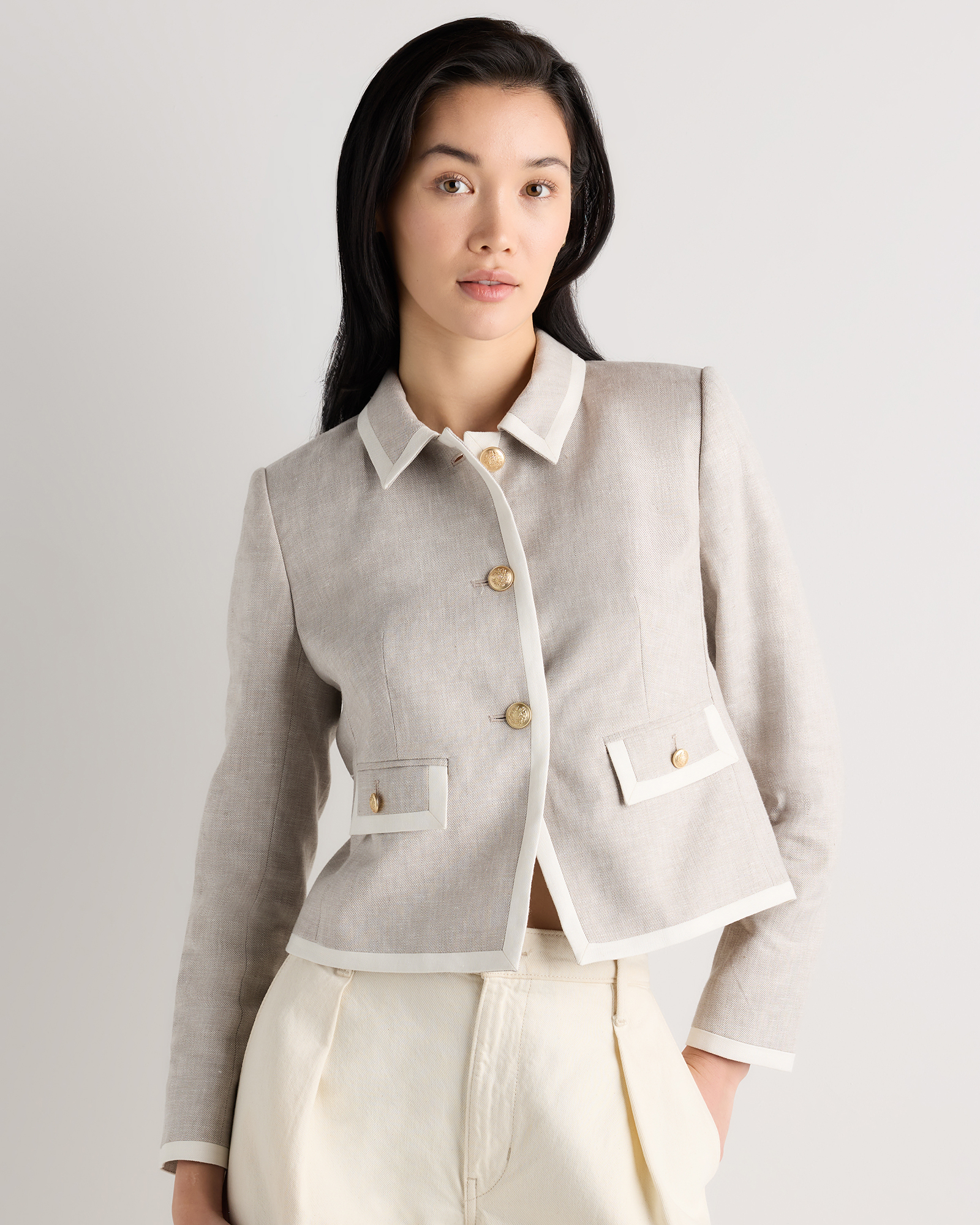 Flax/Ivory European Stretch Linen Cropped Lady Jacket