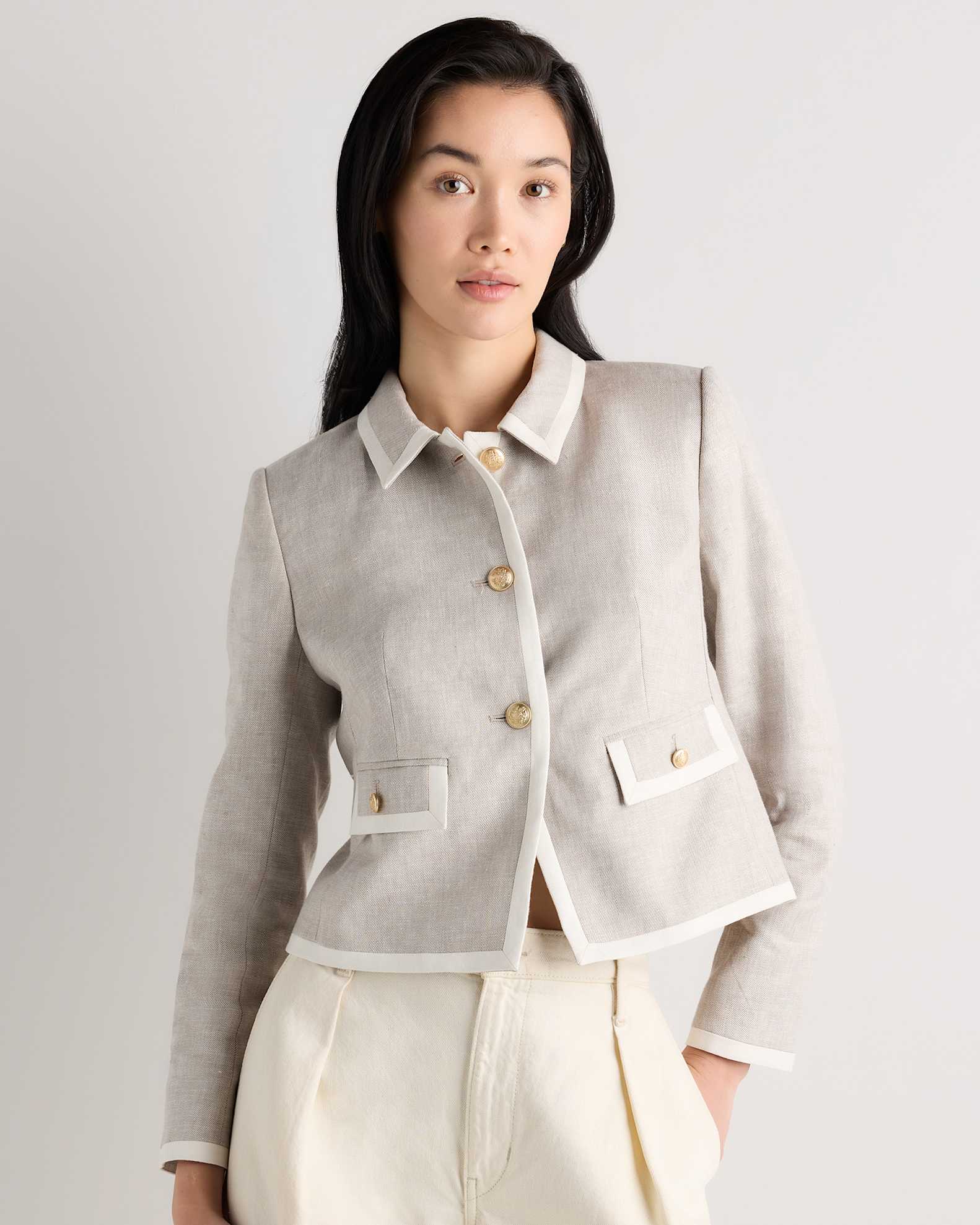 Women's European Stretch Linen Cropped Lady Jacket in Flax/Ivory, Size XL by Quince Women's European Stretch Linen Cropped Lady Jacket in Flax/Ivory, Size XL by Quince