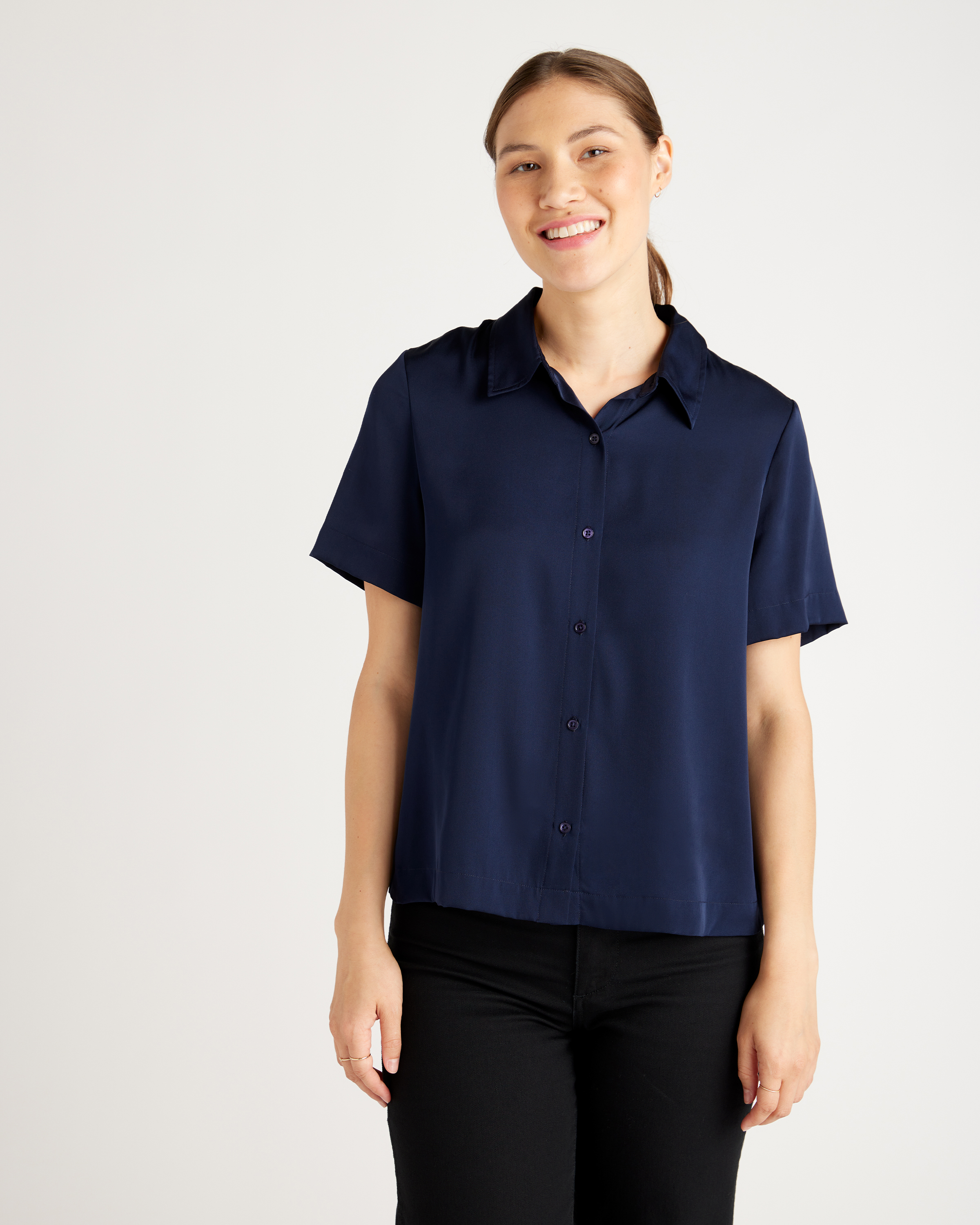 Navy Washable Stretch Silk Short Sleeve Blouse