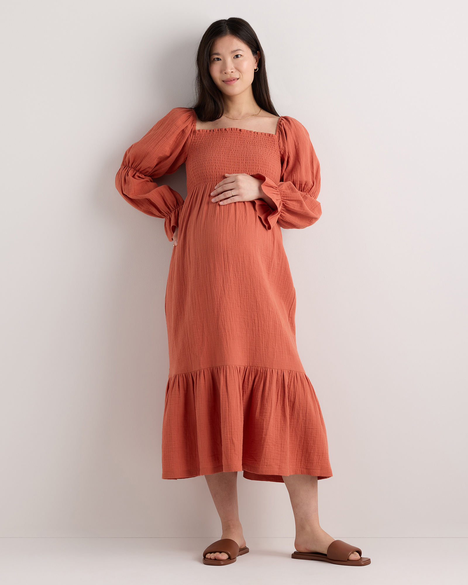 Spiced Orange 100% Organic Cotton Gauze Maternity Smocked Midi Dress