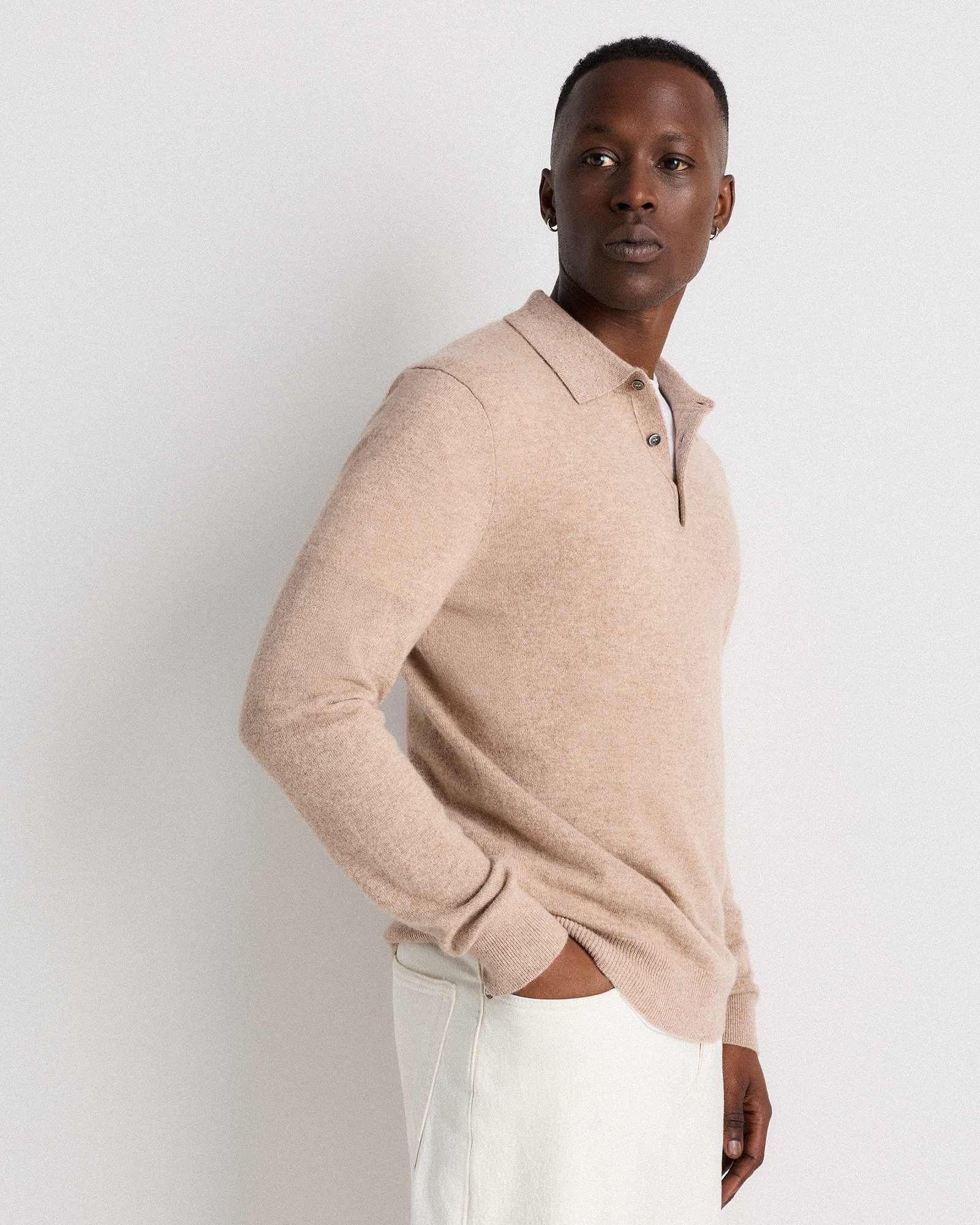 Mongolian Cashmere Polo Sweater in Oatmeal