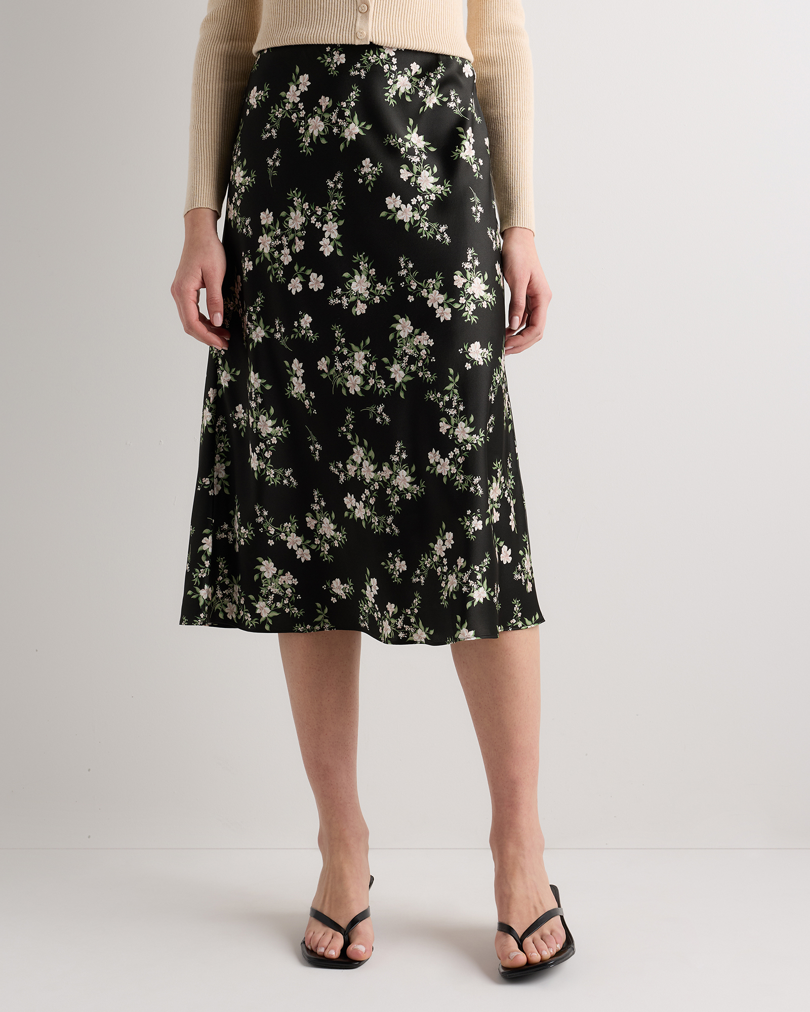 Black Vintage Pink Petite Floral 100% Washable Silk Skirt