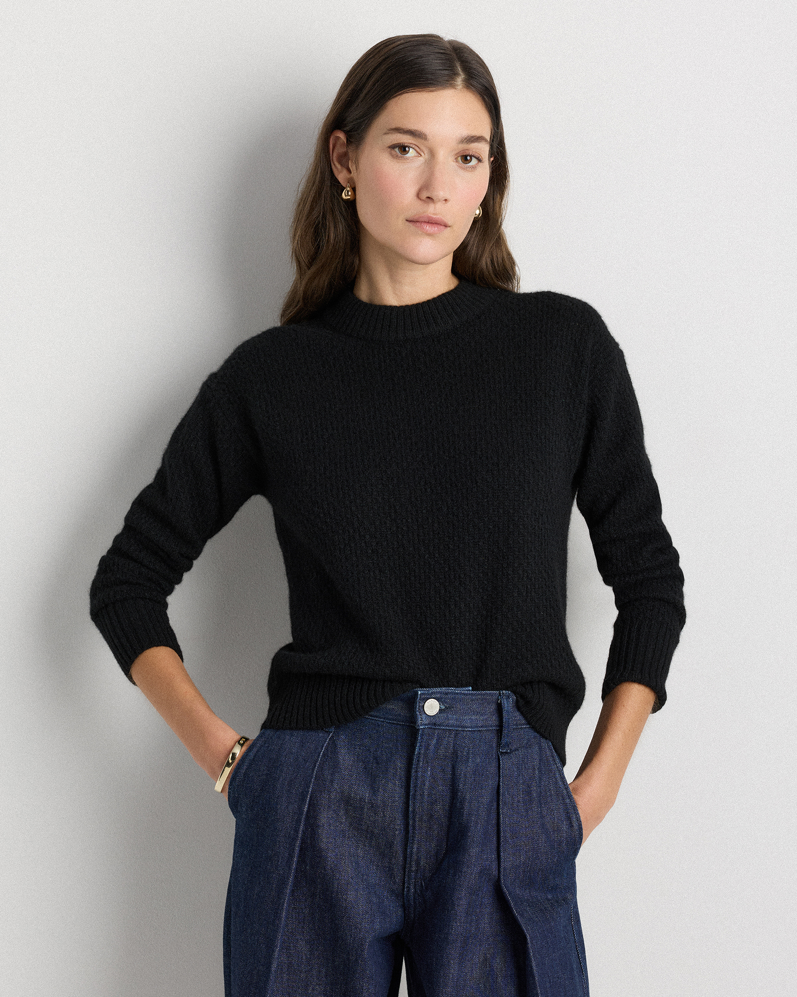 Black 100% Yak Wool Diamond Stitch Crew