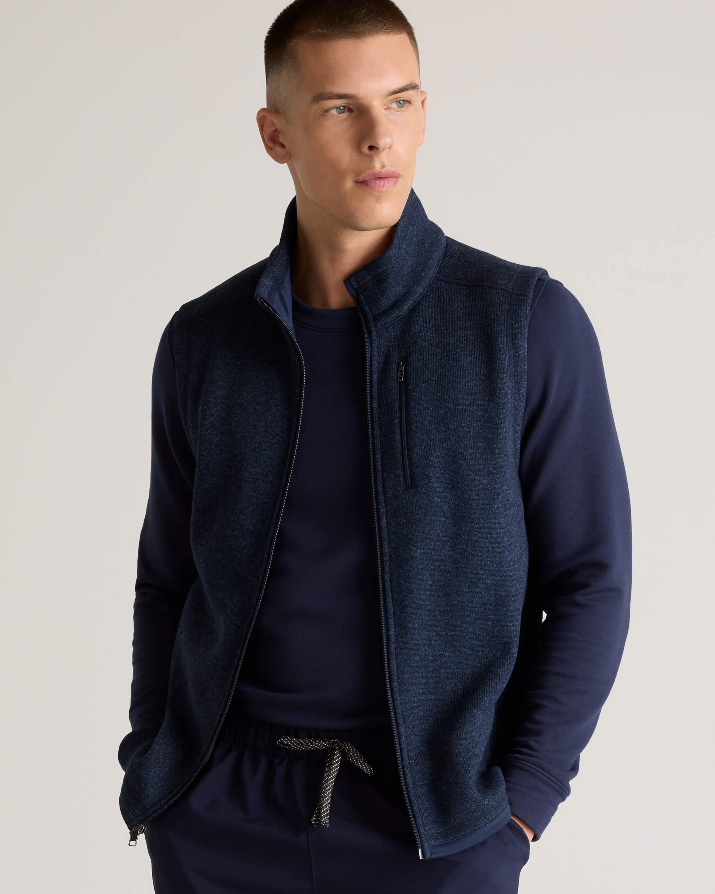Sweater-Knit Fleece Full-Zip Vest in Navy