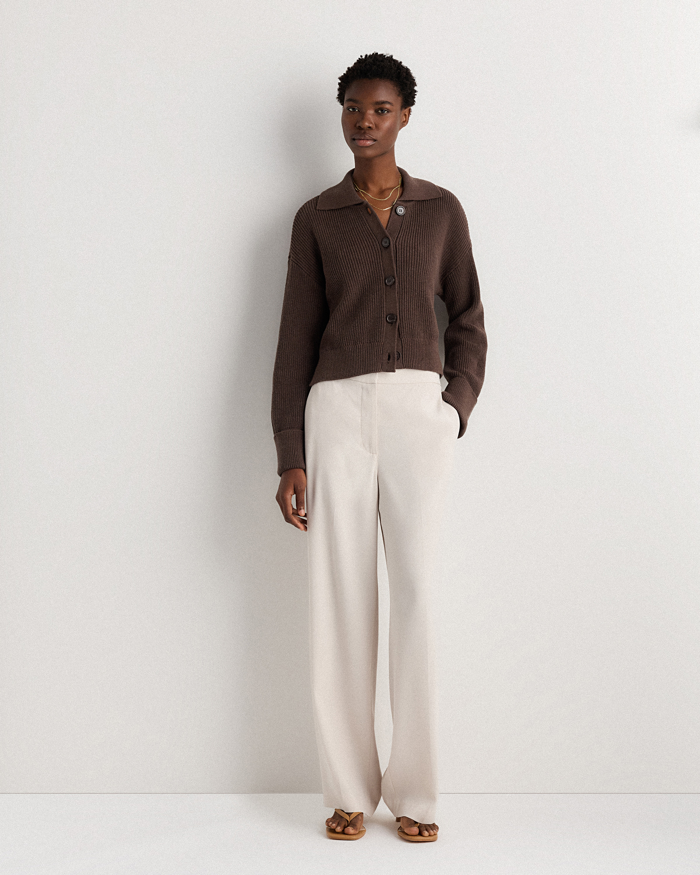 100% Organic Cotton Fisherman Collared Cardigan in Heather Brown 