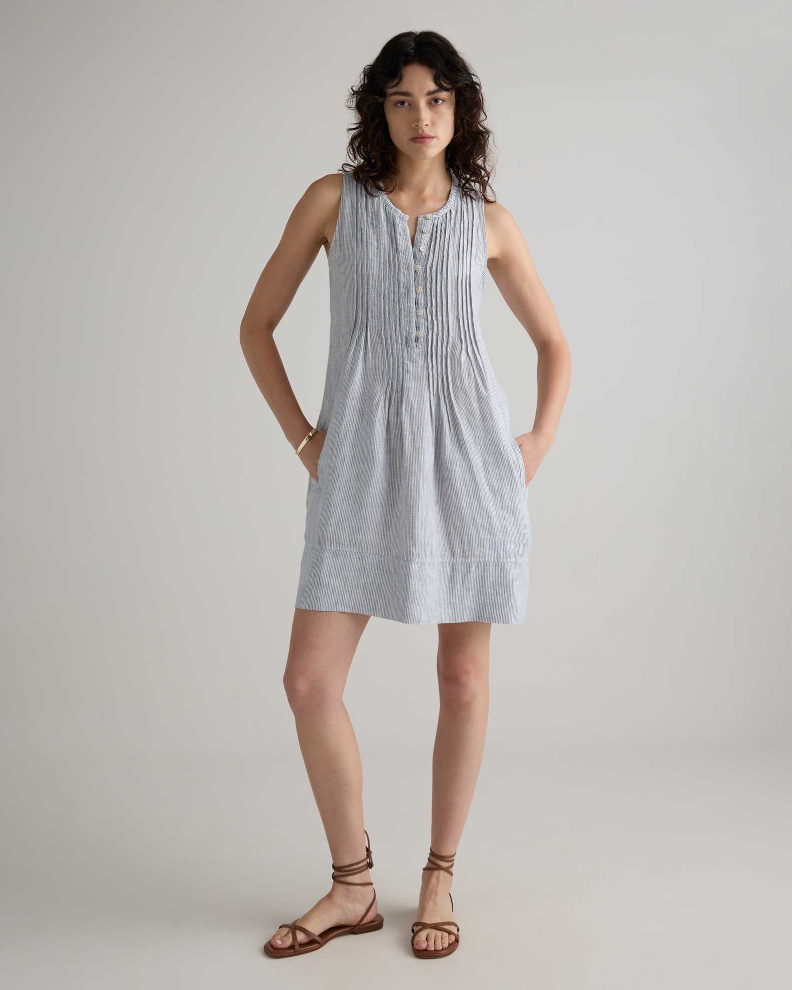 Quince Women's Sleeveless Swing Dress in Blue Pinstripe, Size XL - 100% European Linen, Eco-Friendly Material Quince Women's Sleeveless Swing Dress in Blue Pinstripe, Size XL - 100% European Linen, Eco-Friendly Material