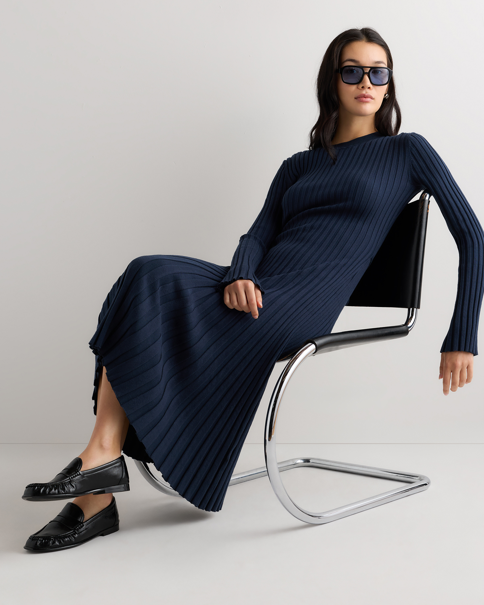 blue cashmere dress Cotton Ribbed Long Sleeve Crew Midi Color:Golden Roses sleeve dress from French Vintage Formal Dresses Black Fitted Rib Knit