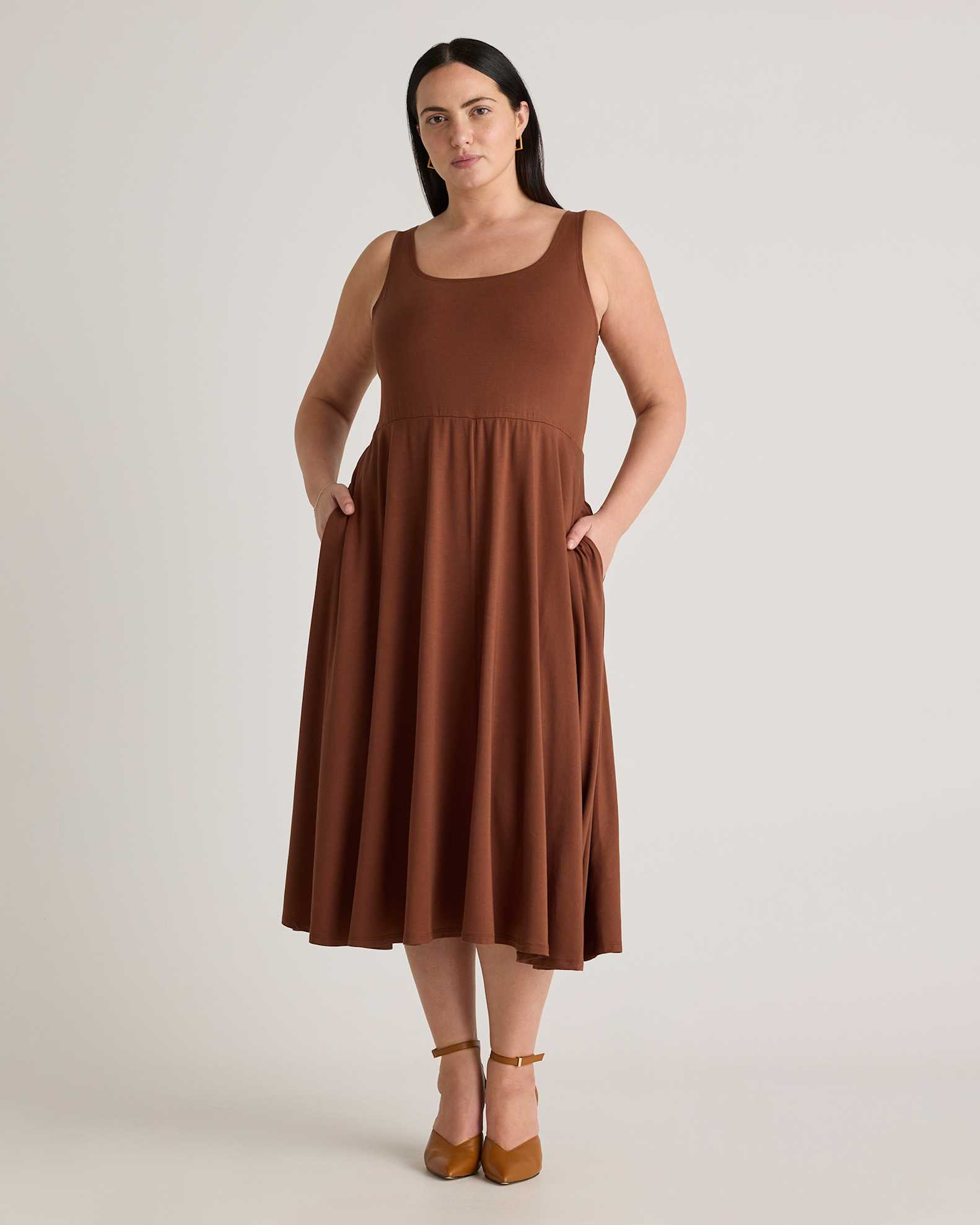 Quince Women's Tencel Jersey Fit & Flare Dress, Brown, Size 3X - Scoop Neck, Wrinkle-Resistant, with Pockets Quince Women's Tencel Jersey Fit & Flare Dress, Brown, Size 3X - Scoop Neck, Wrinkle-Resistant, with Pockets