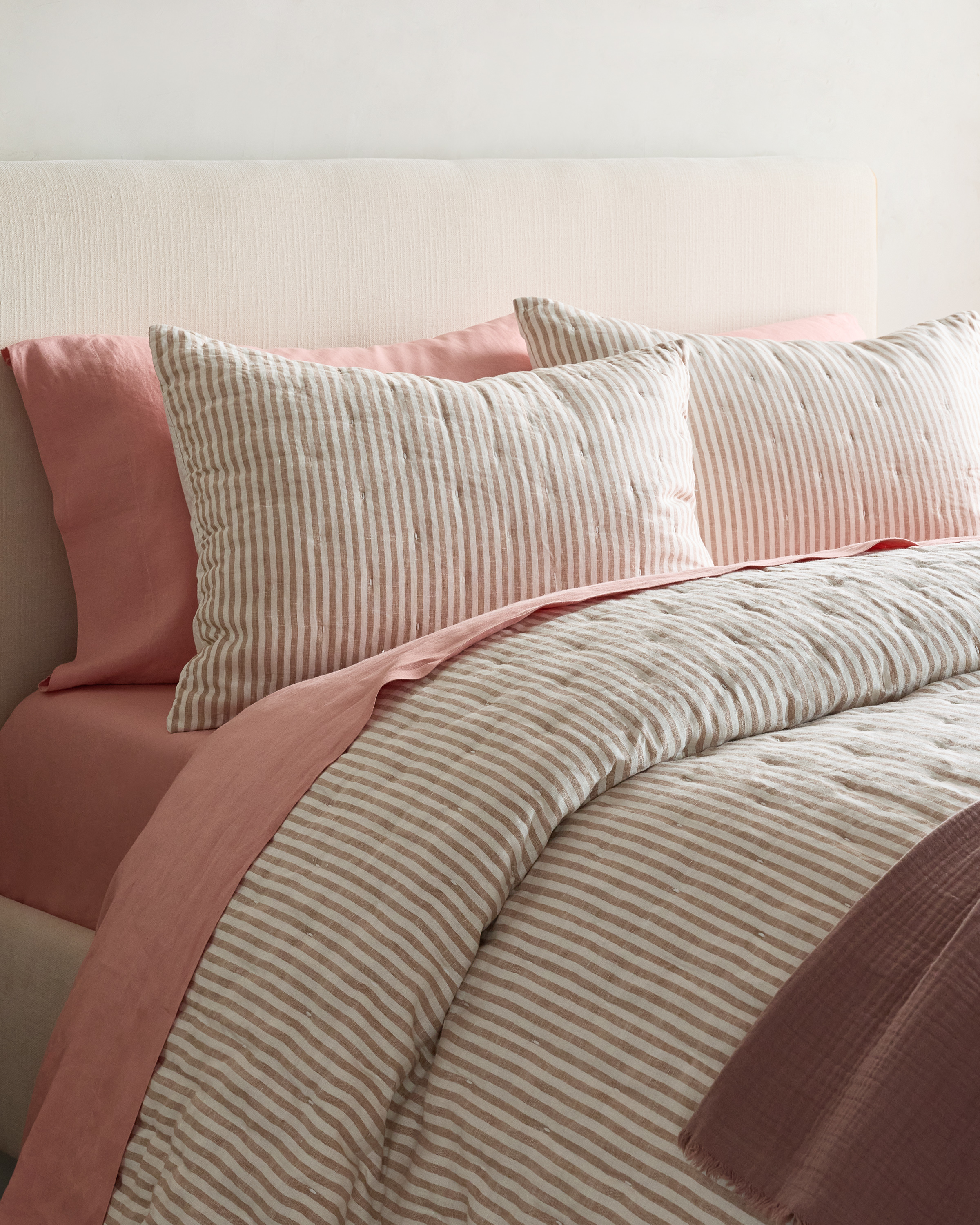Latte/White Stripe European Linen Patterned Quilted Sham Set