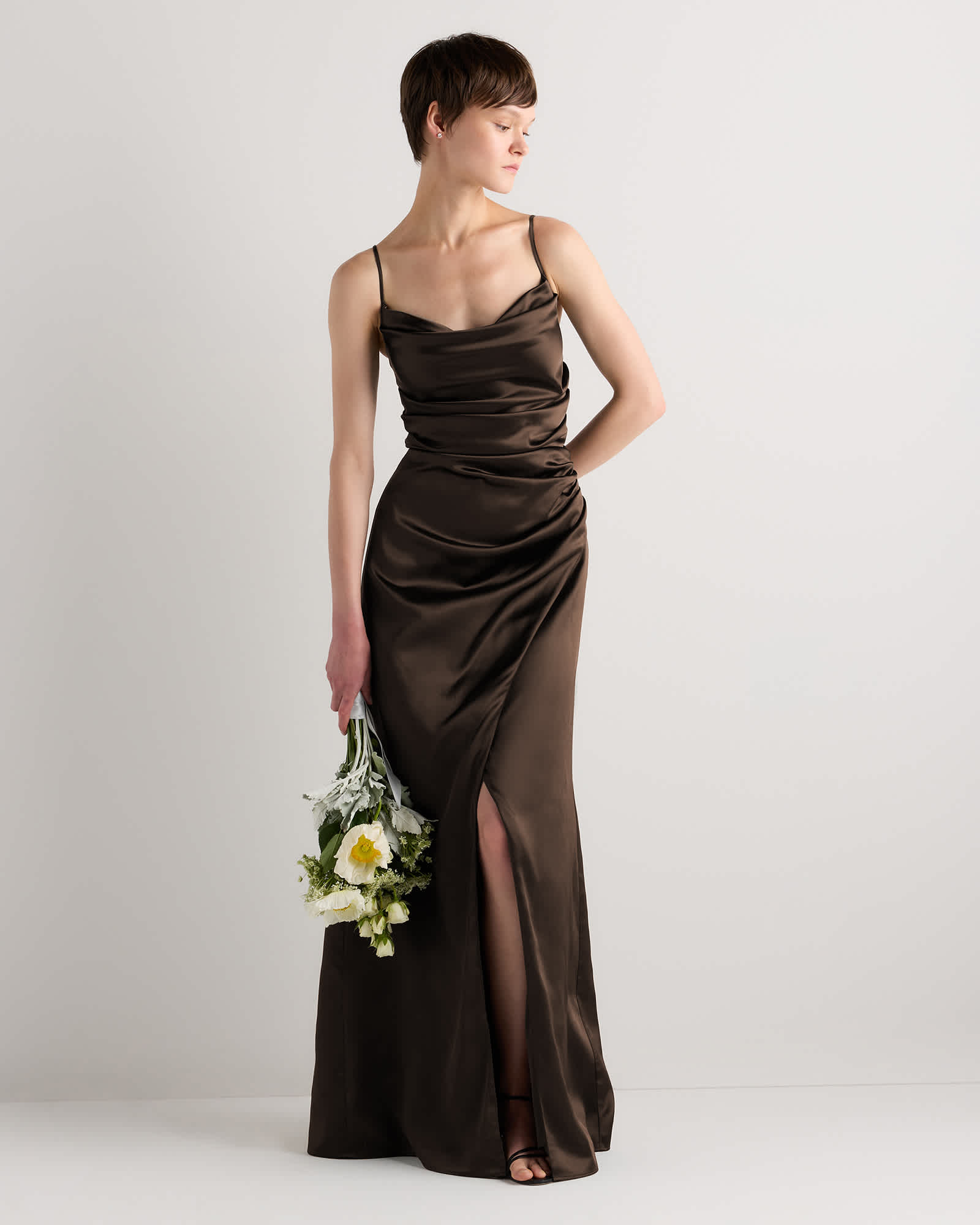 satin formal dresses Long Dress with Side Sash CLCDS417 Dusty Blue / 2 Step into any room feeling sharp and bright Women's Juliette Stretch Satin Dress