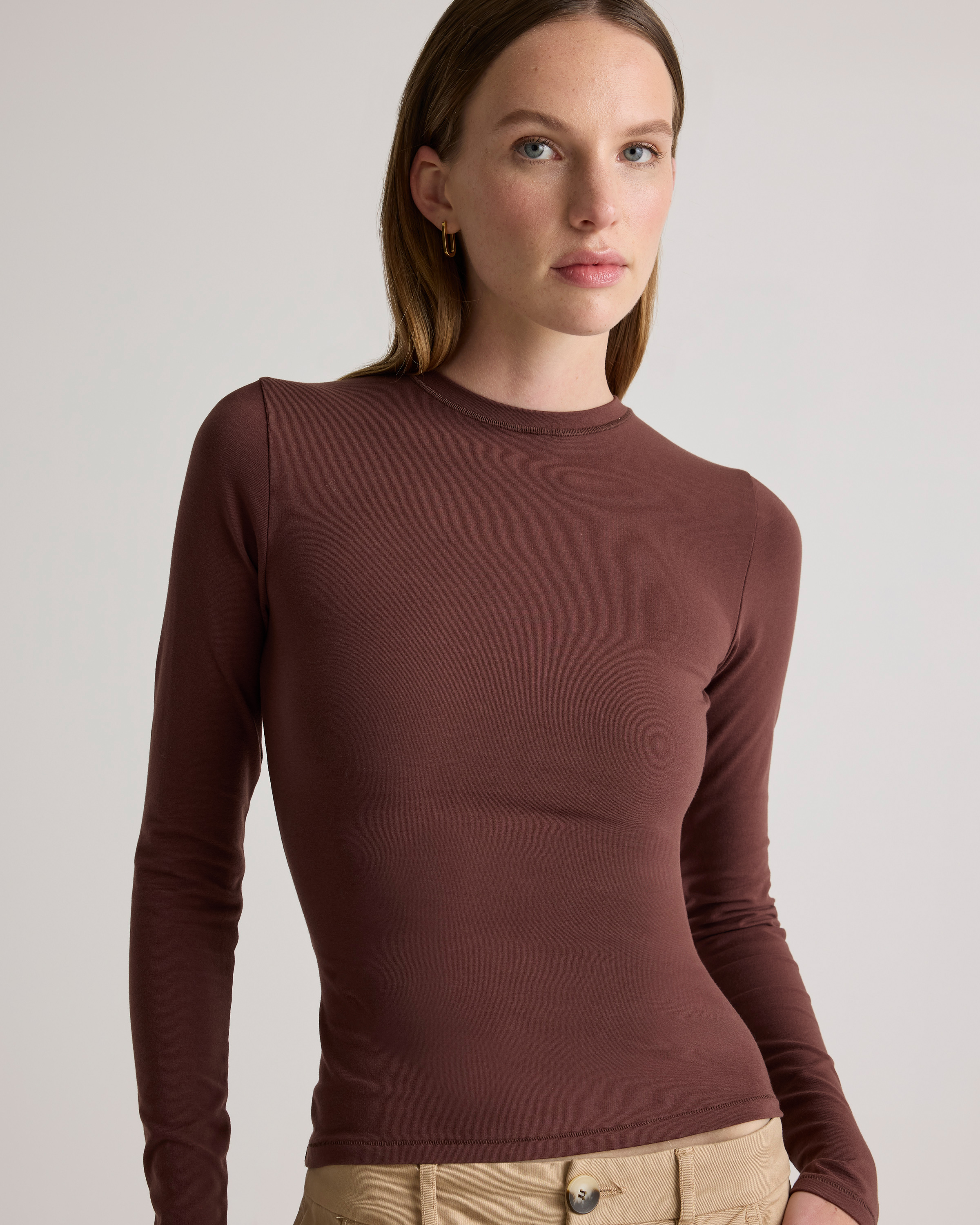 Stretch Cotton Jersey Fitted Long Sleeve T-Shirt in Cocoa