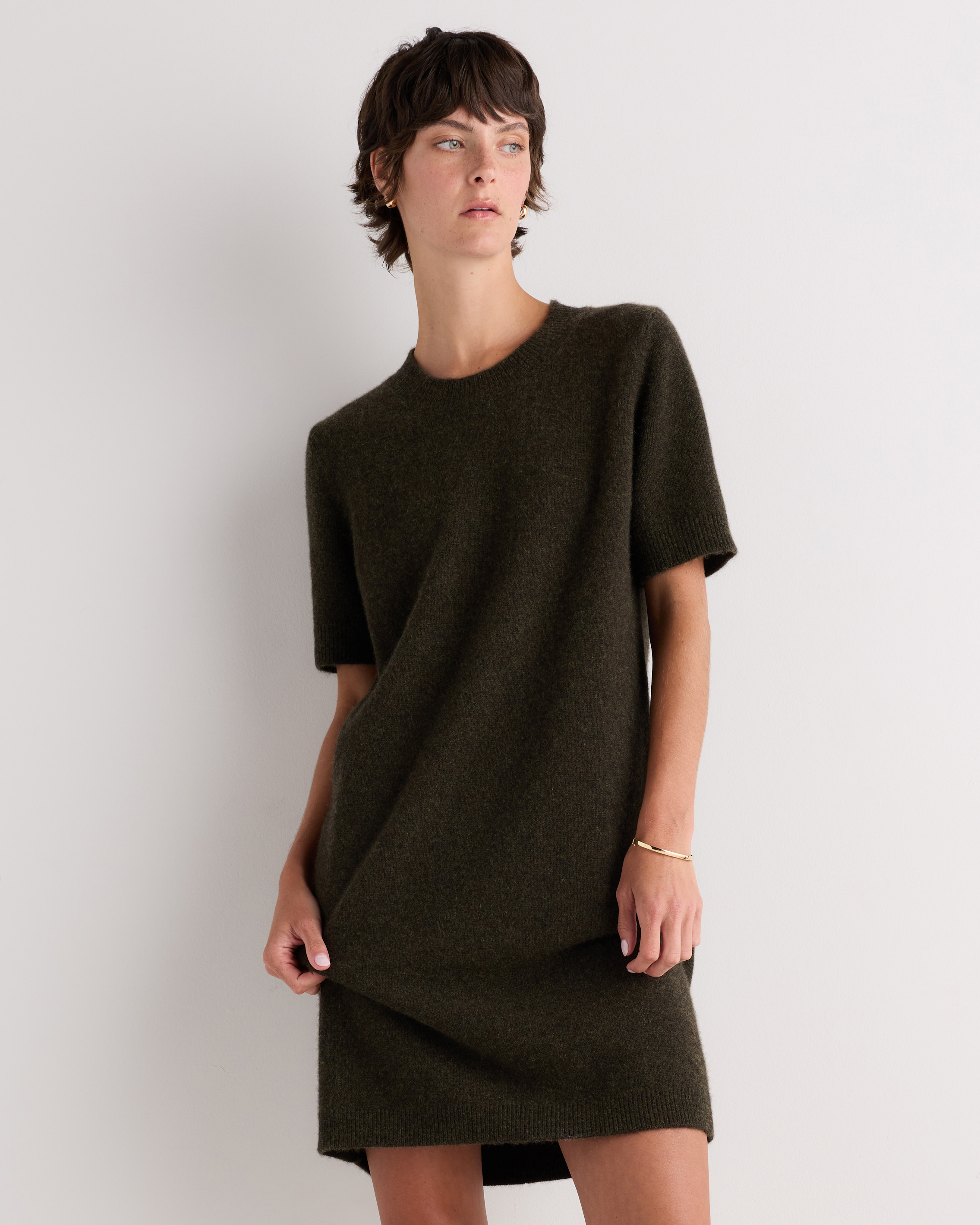 Olive Twist Mongolian Cashmere Short Sleeve Mini Dress