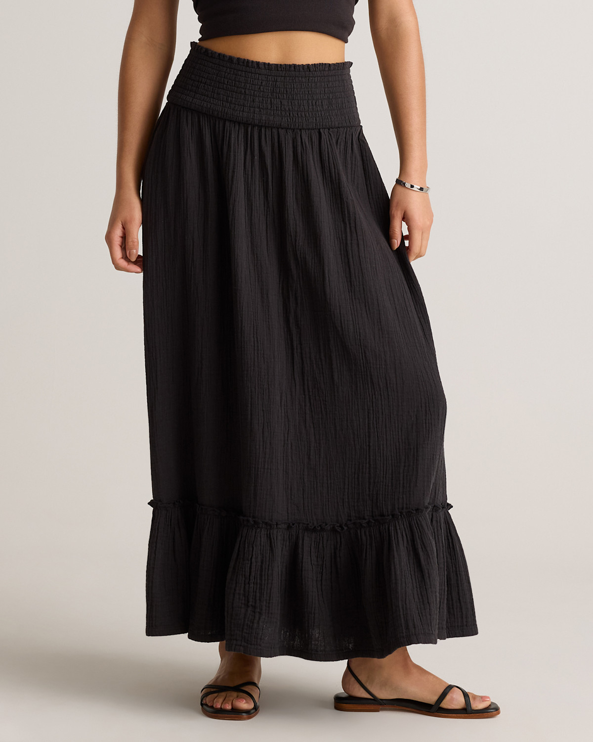 Organic Cotton Gauze Smocked Maxi Skirt in Black