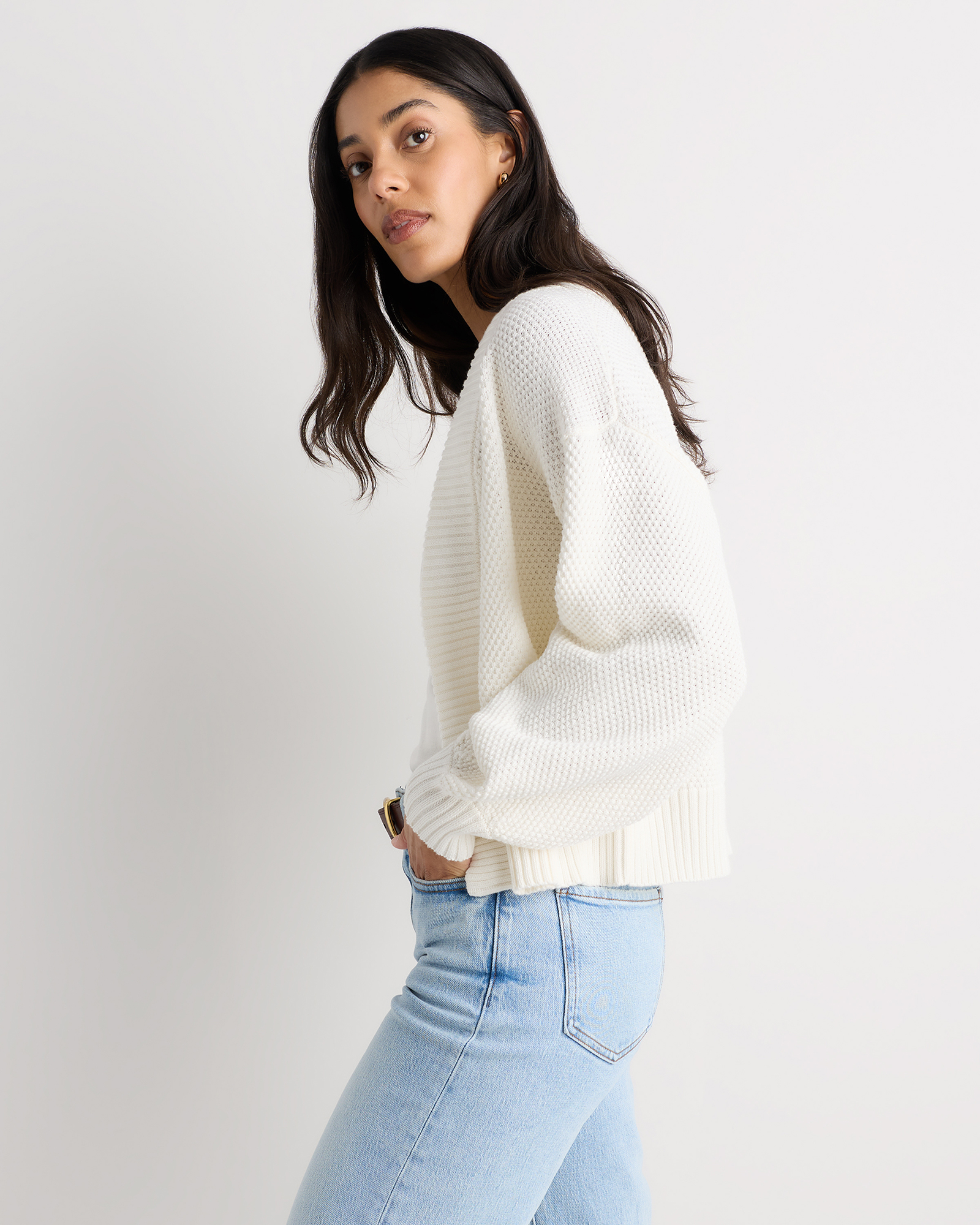 100% Organic Cotton Waffle Stitch Open Cardigan in Ivory