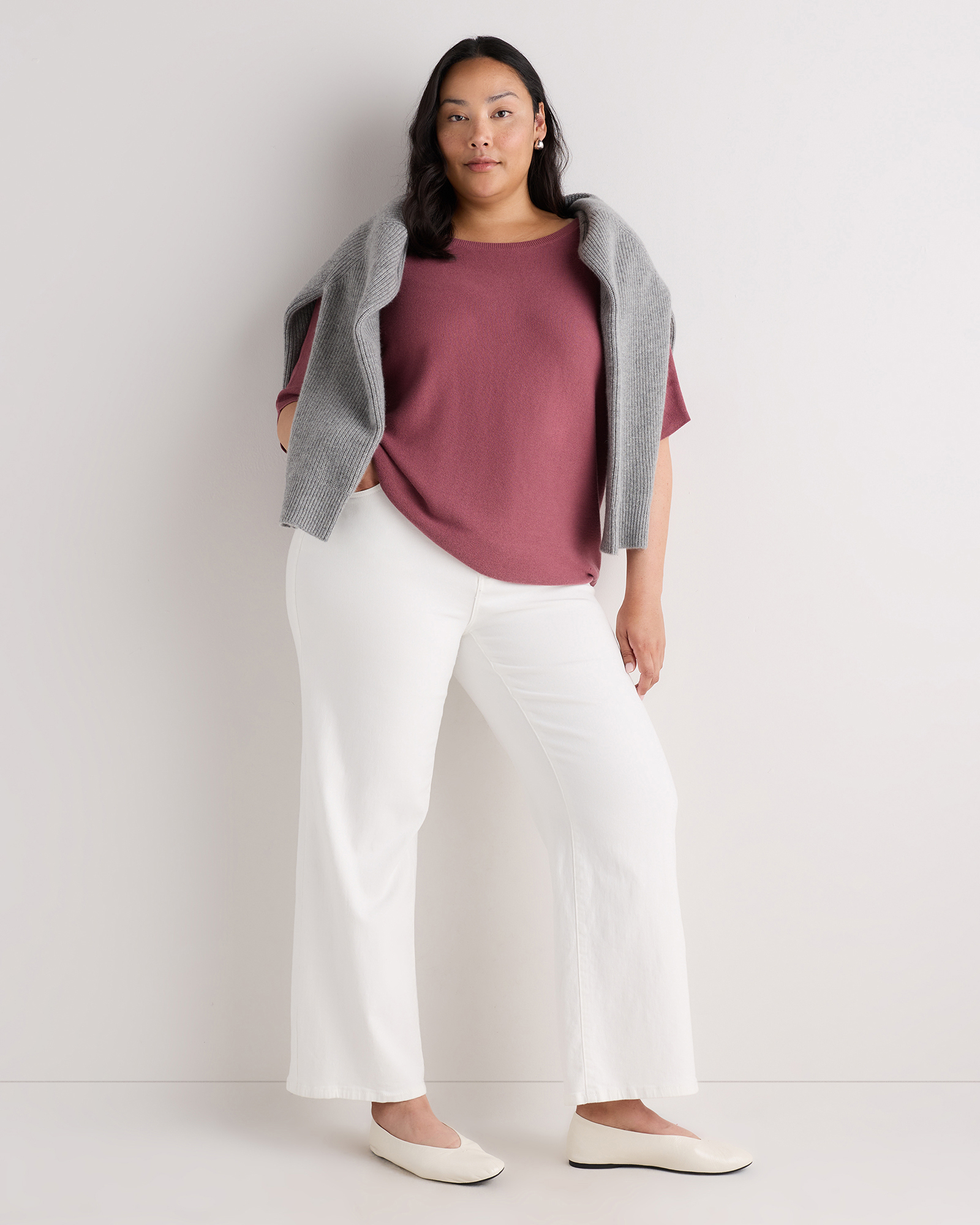 Crushed Berry Purple Lightweight Cotton Cashmere Link-Stitch Dolman Sweater