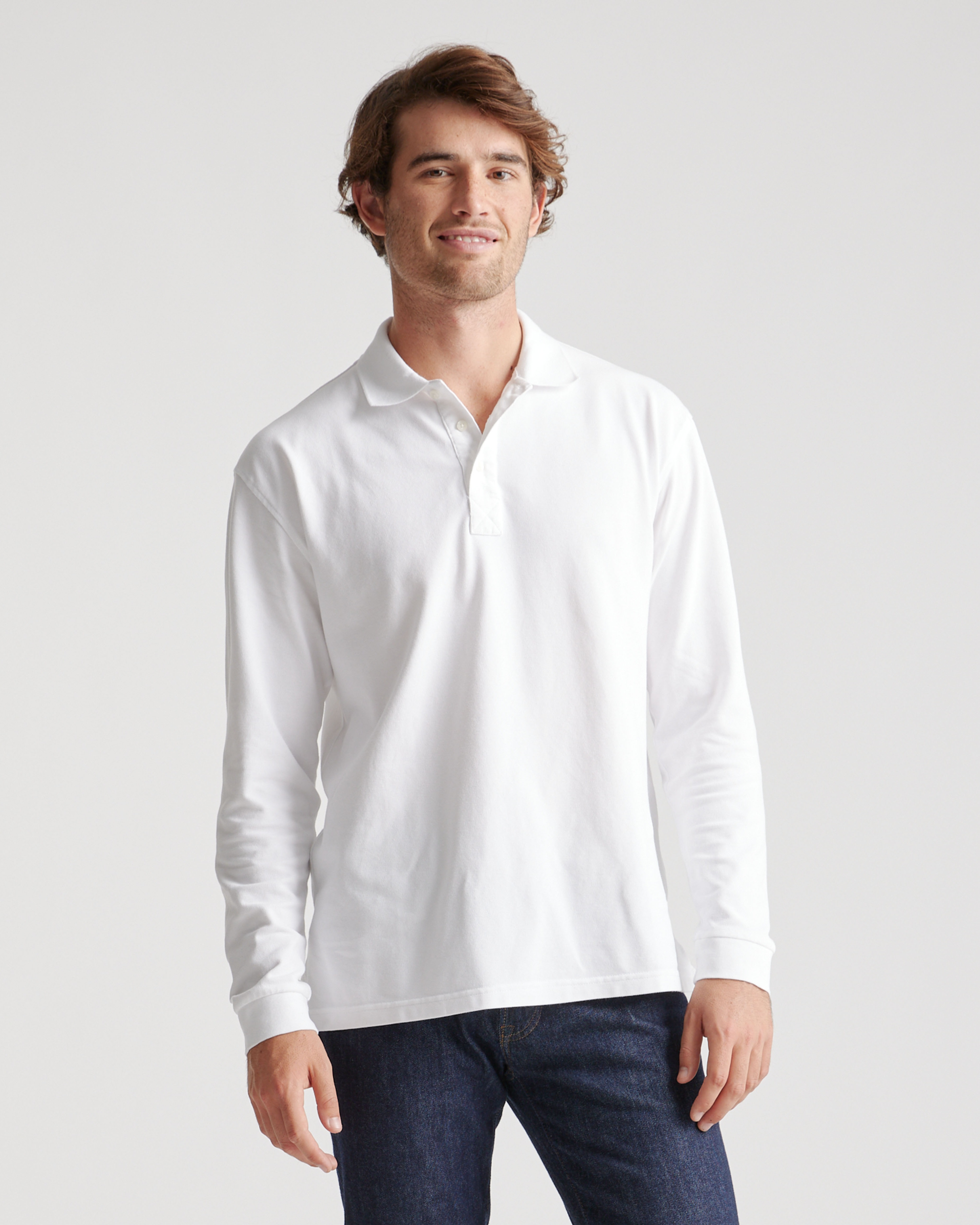 Organic Cotton Long Sleeve Pique Polo in White