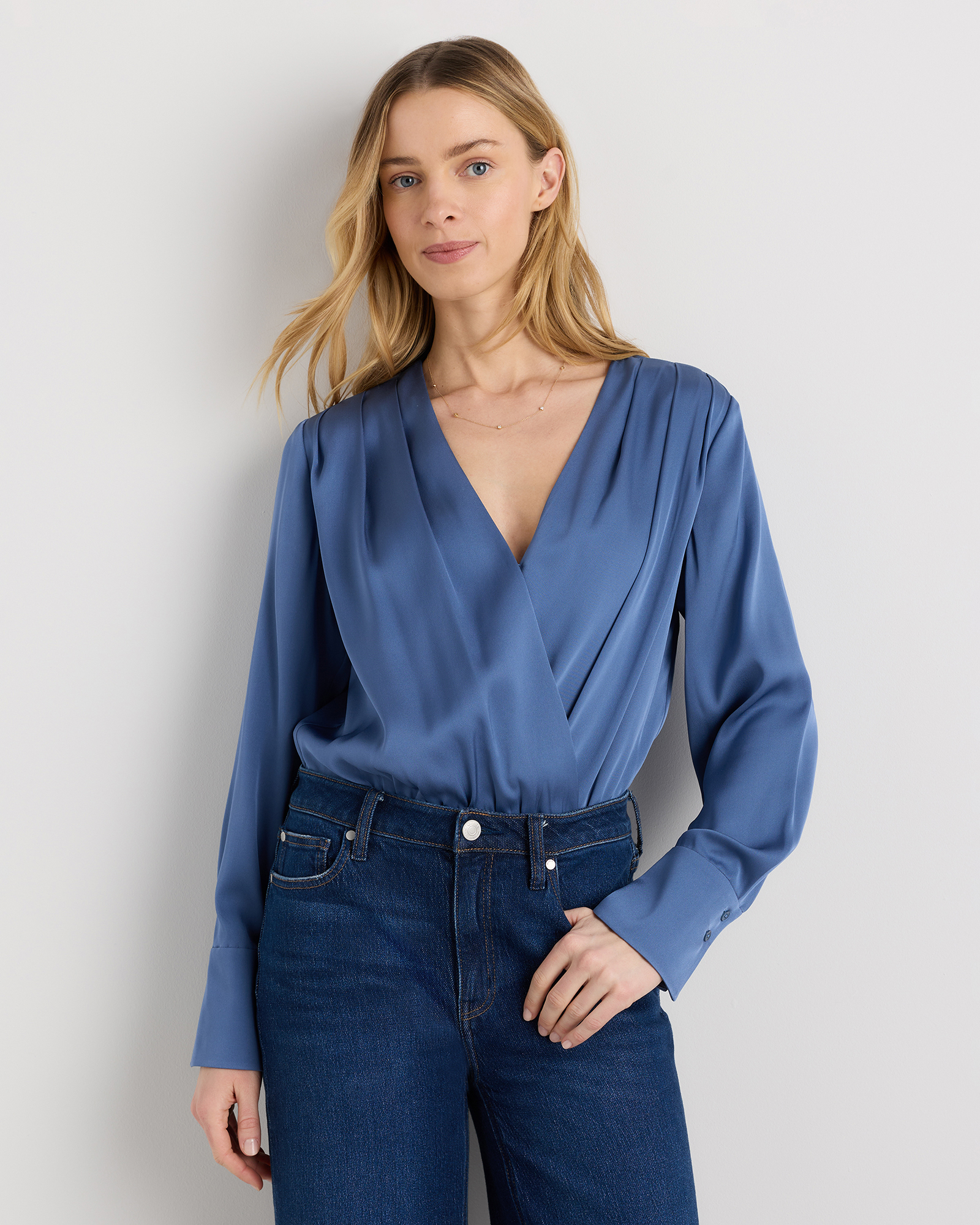 Moonstone Blue Washable Stretch Silk Surplice Bodysuit