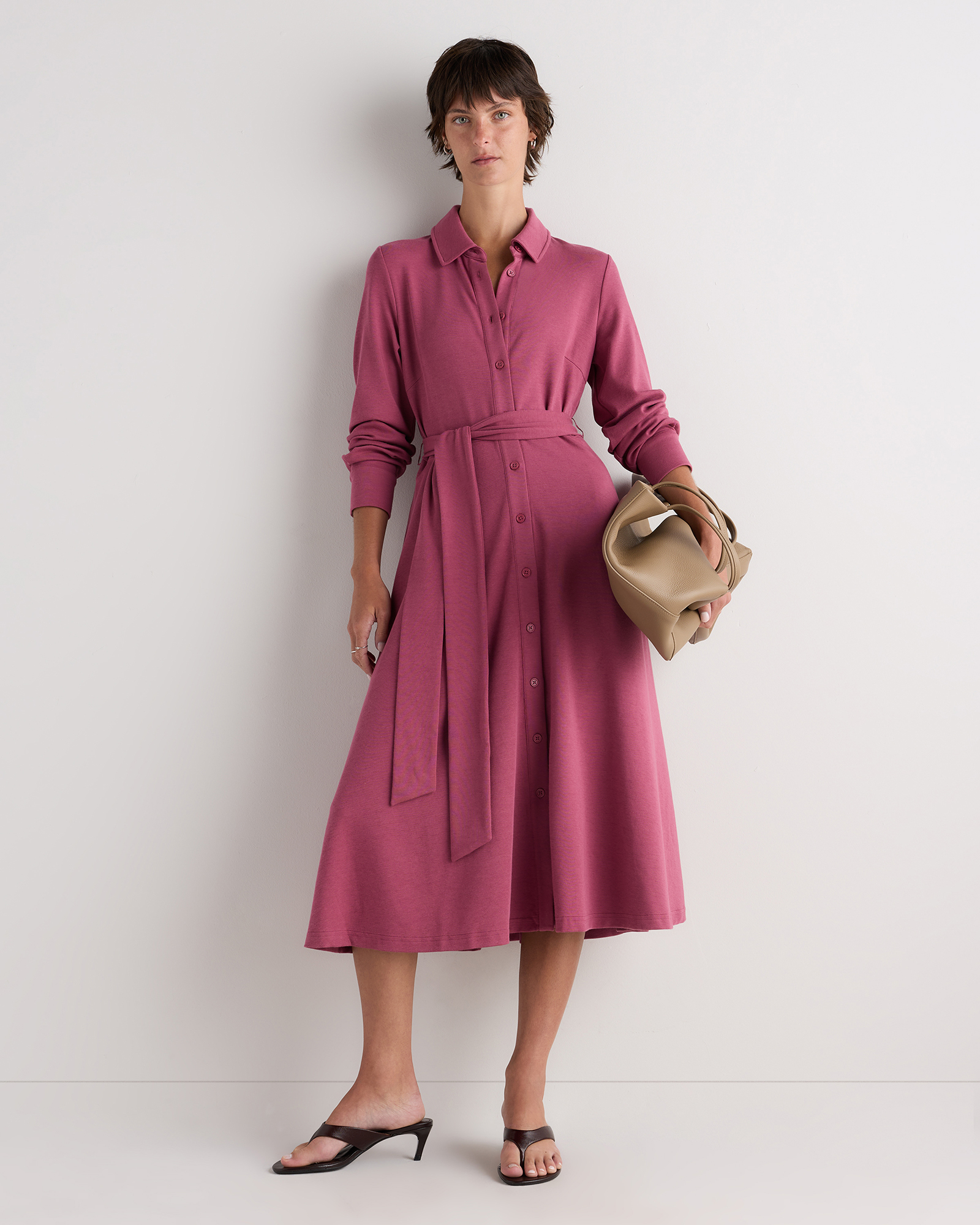 Faded Maroon Tencel Modal Knit Midi Shirt Dress