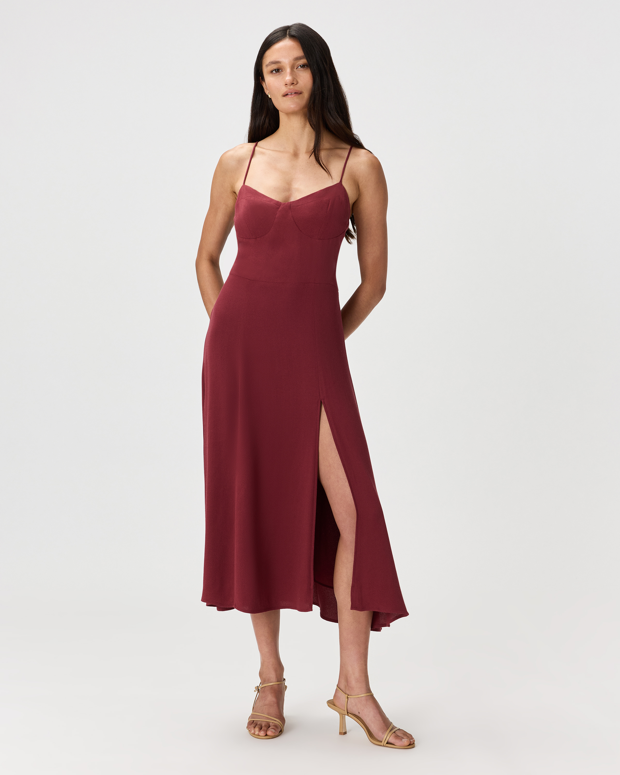 Maroon Lightweight Crepe Sweetheart Midi Dress
