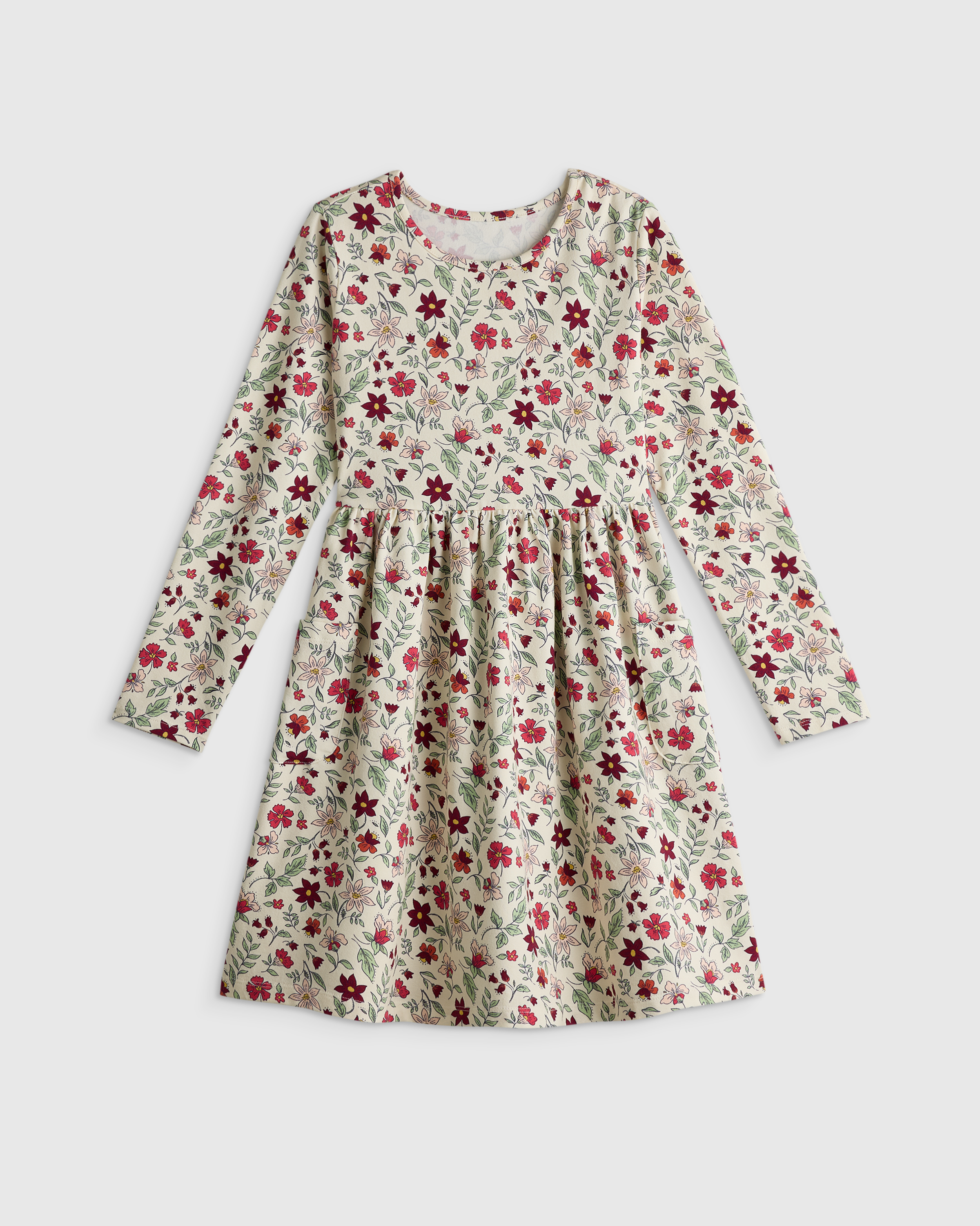 Floral Vines Organic Cotton Long Sleeve Fit and Flare Pocket Dress 