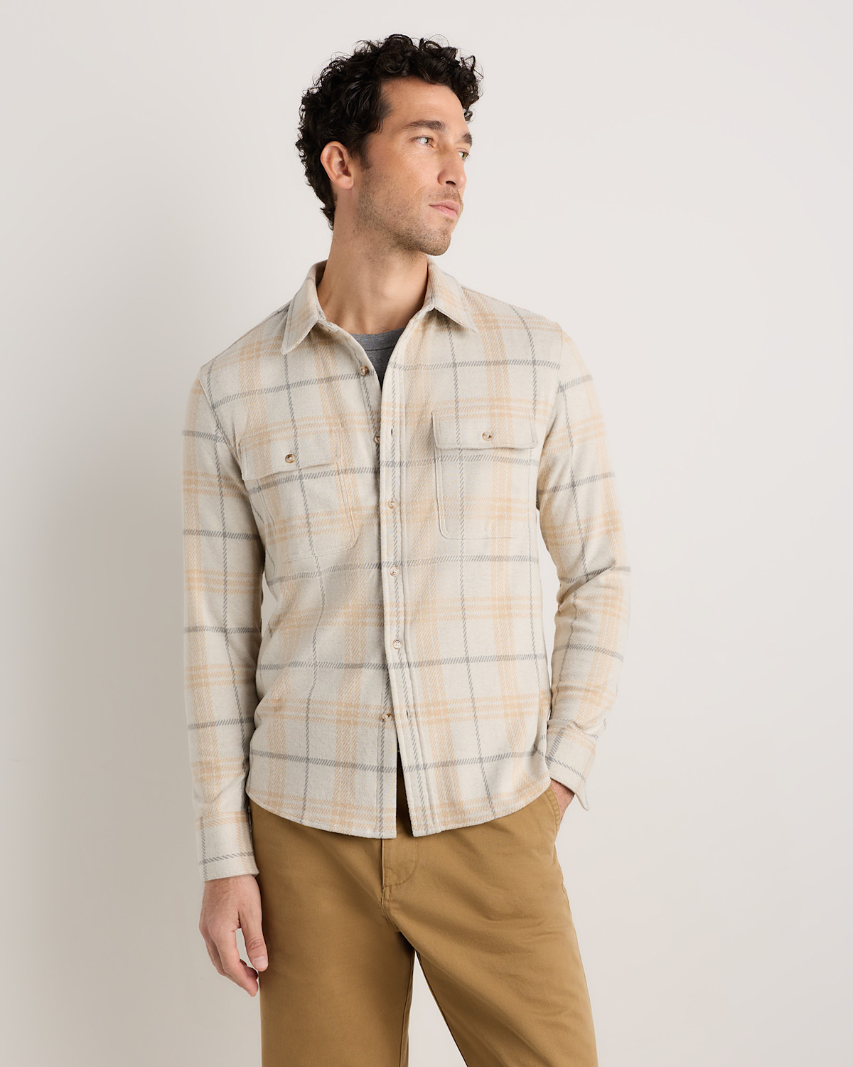 Quince Men's Stretch Sweater Fleece Shirt in Oatmeal Check