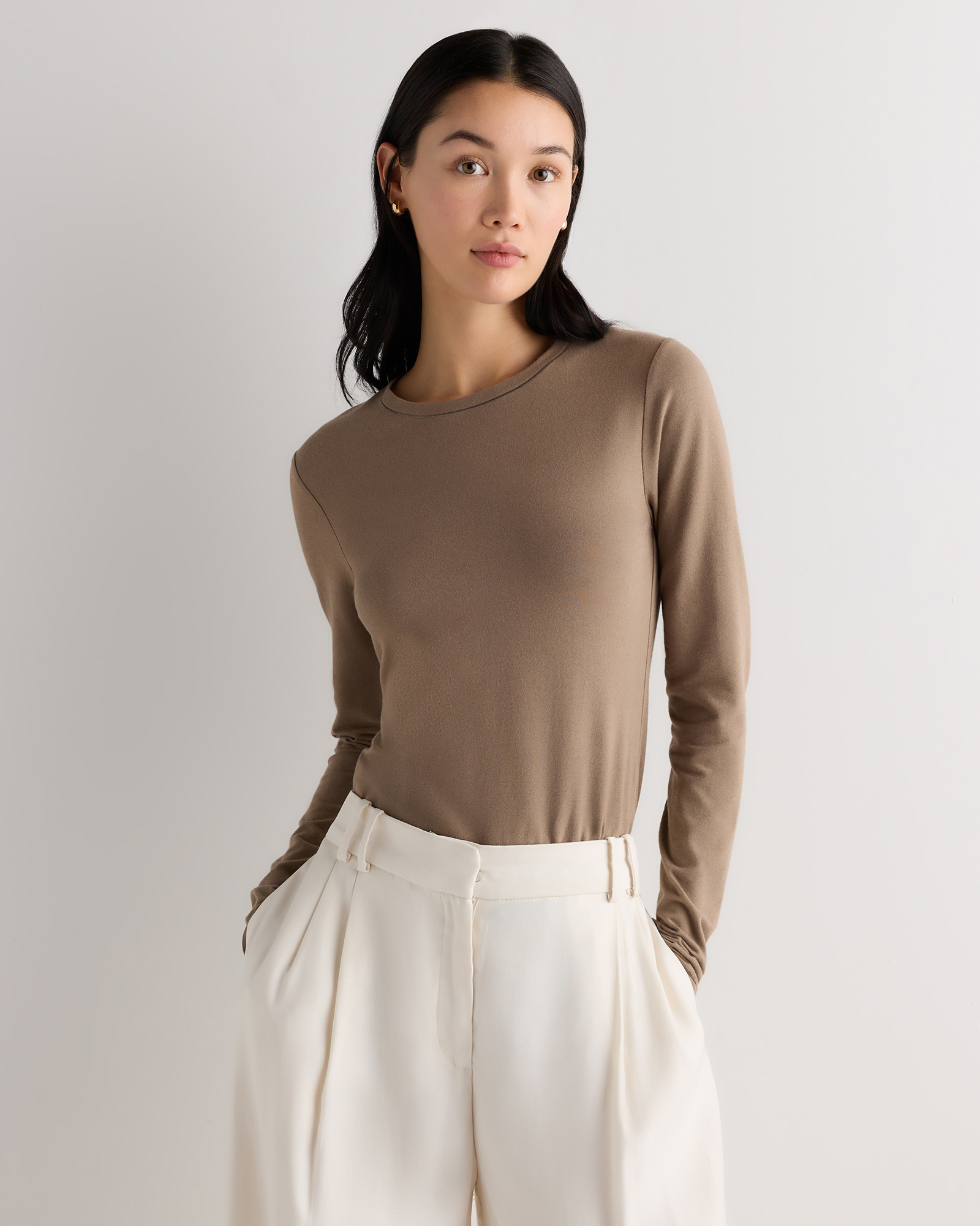 Clove Brown Stretch Cotton Jersey Cropped Fitted Long Sleeve T-Shirt