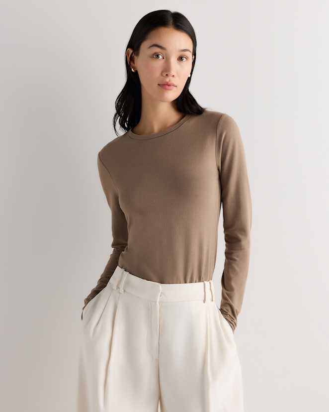 Clove Brown Stretch Cotton Jersey Cropped Fitted Long Sleeve T-Shirt