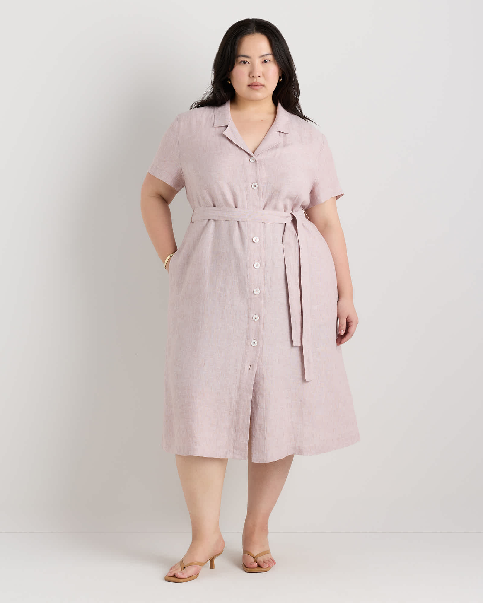 Extended Sizes 100% European Linen Button Front Dress - Plus Size in Vintage Pink Chambray Extended Sizes 100% European Linen Button Front Dress - Plus Size in Vintage Pink Chambray