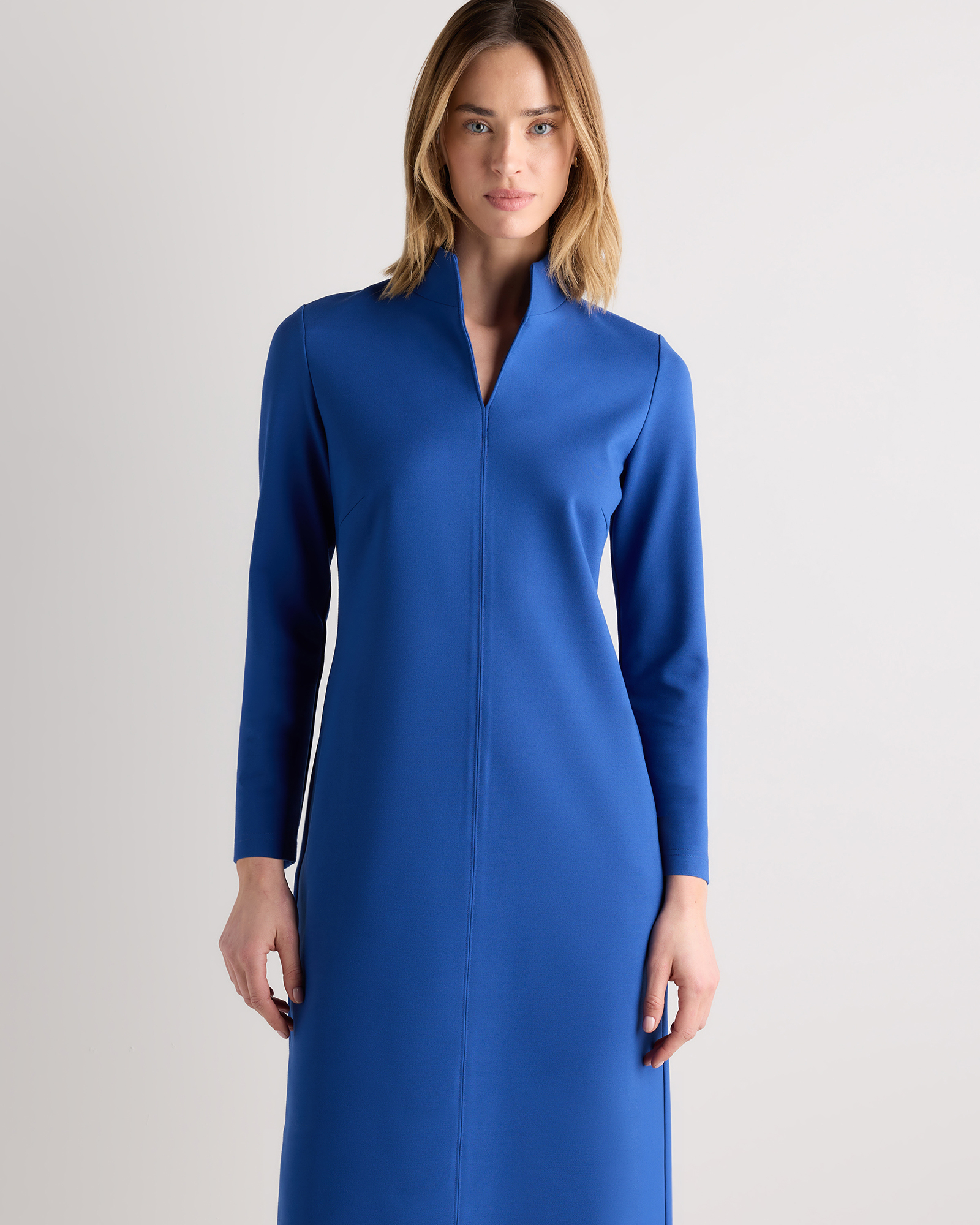 Orchid Blue Ultra-Stretch Ponte Split Neck Mini Dress