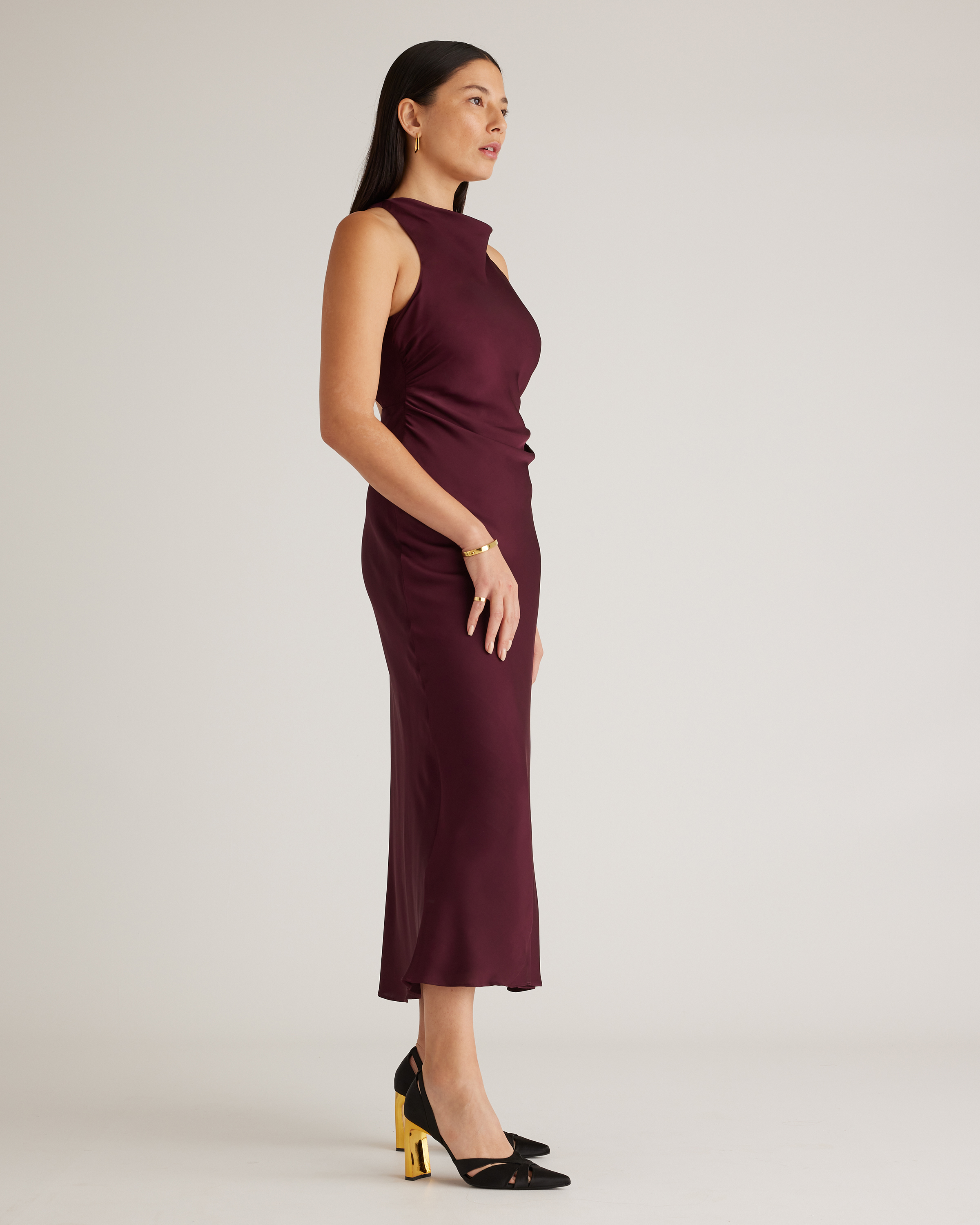 Quince Women's Washable Stretch Silk High Neck Midi Dress, Wine Tasting Color, Size XL, Hypoallergenic & Thermoregulating Mulberry Silk