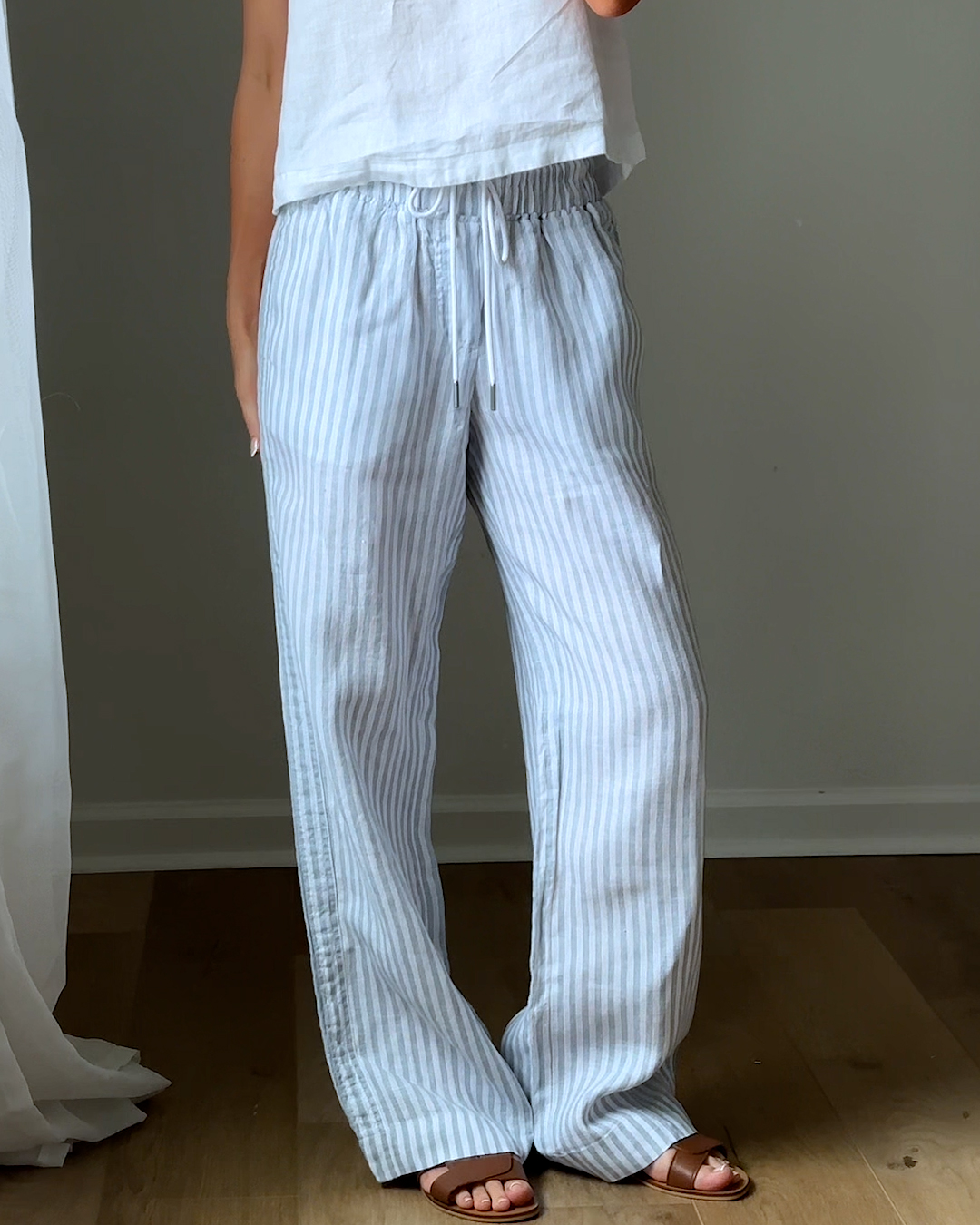 【00’s EURO】Stripe Linen Slacks 100% European Linen Wide Leg Pants in Sky Blue Mariner Stripe