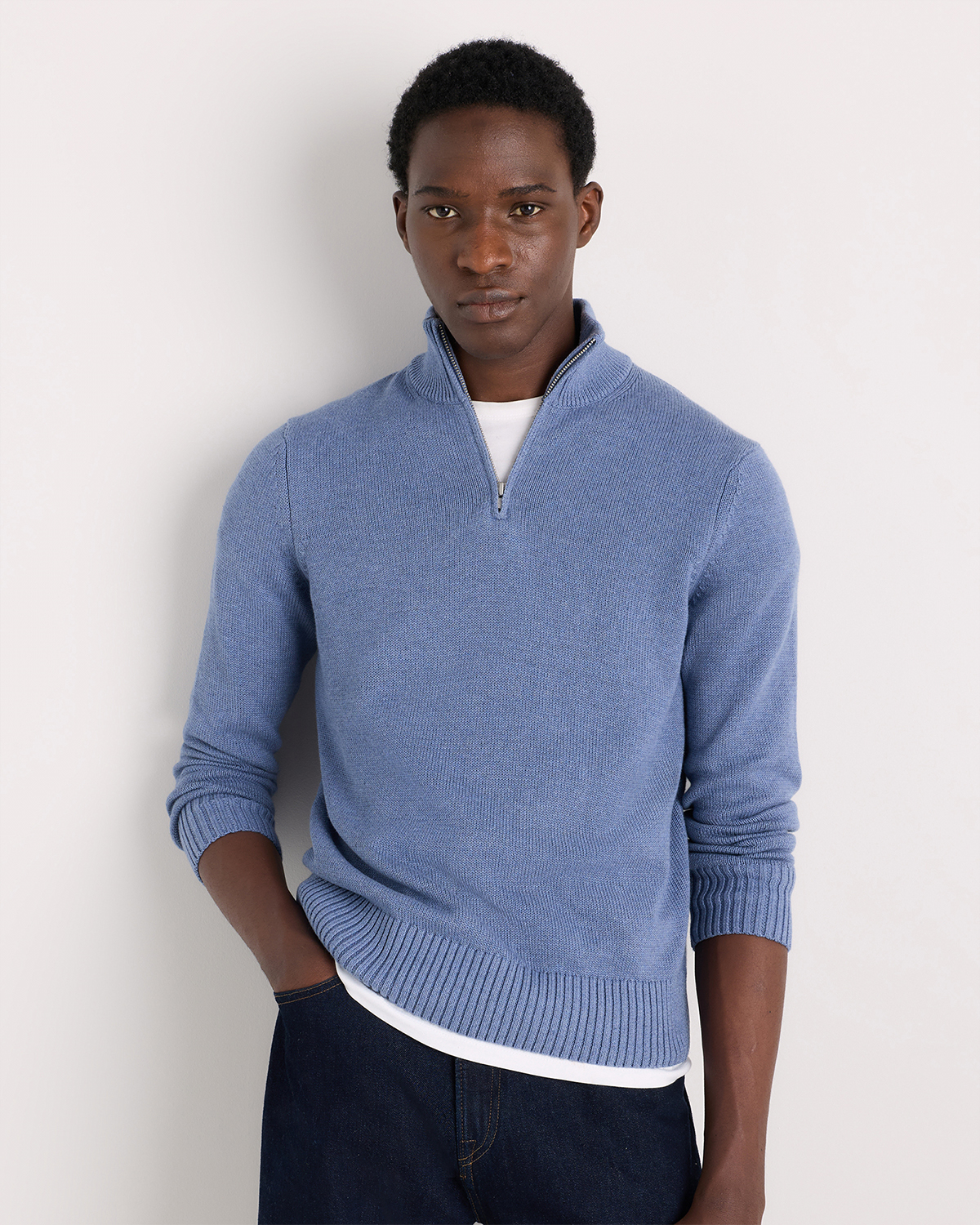 Moonstone Blue 100% Organic Cotton Quarter-Zip Sweater